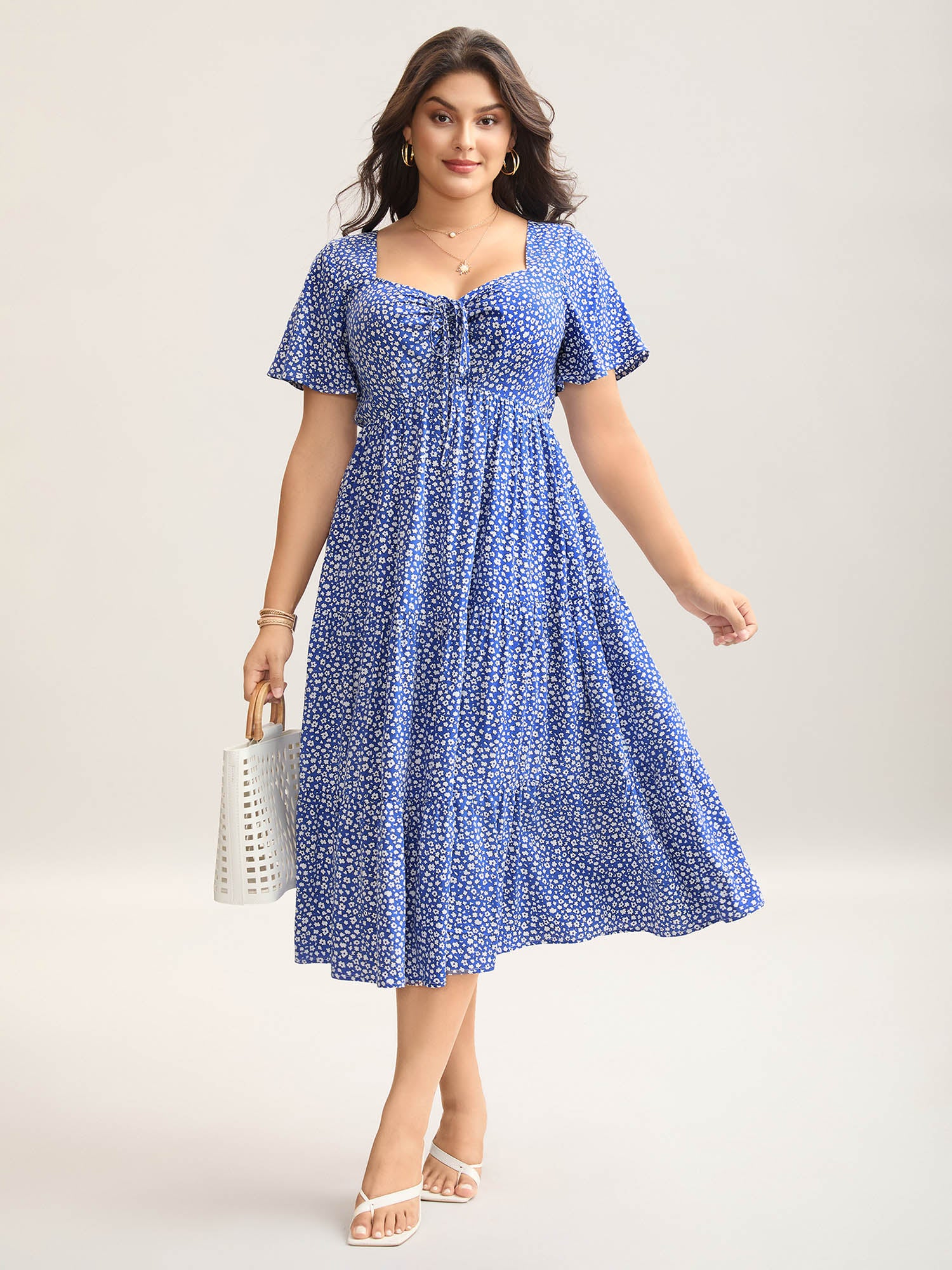 Ditsy Floral Sweetheart Drawstring Pocket Tiered Dress - Image 9