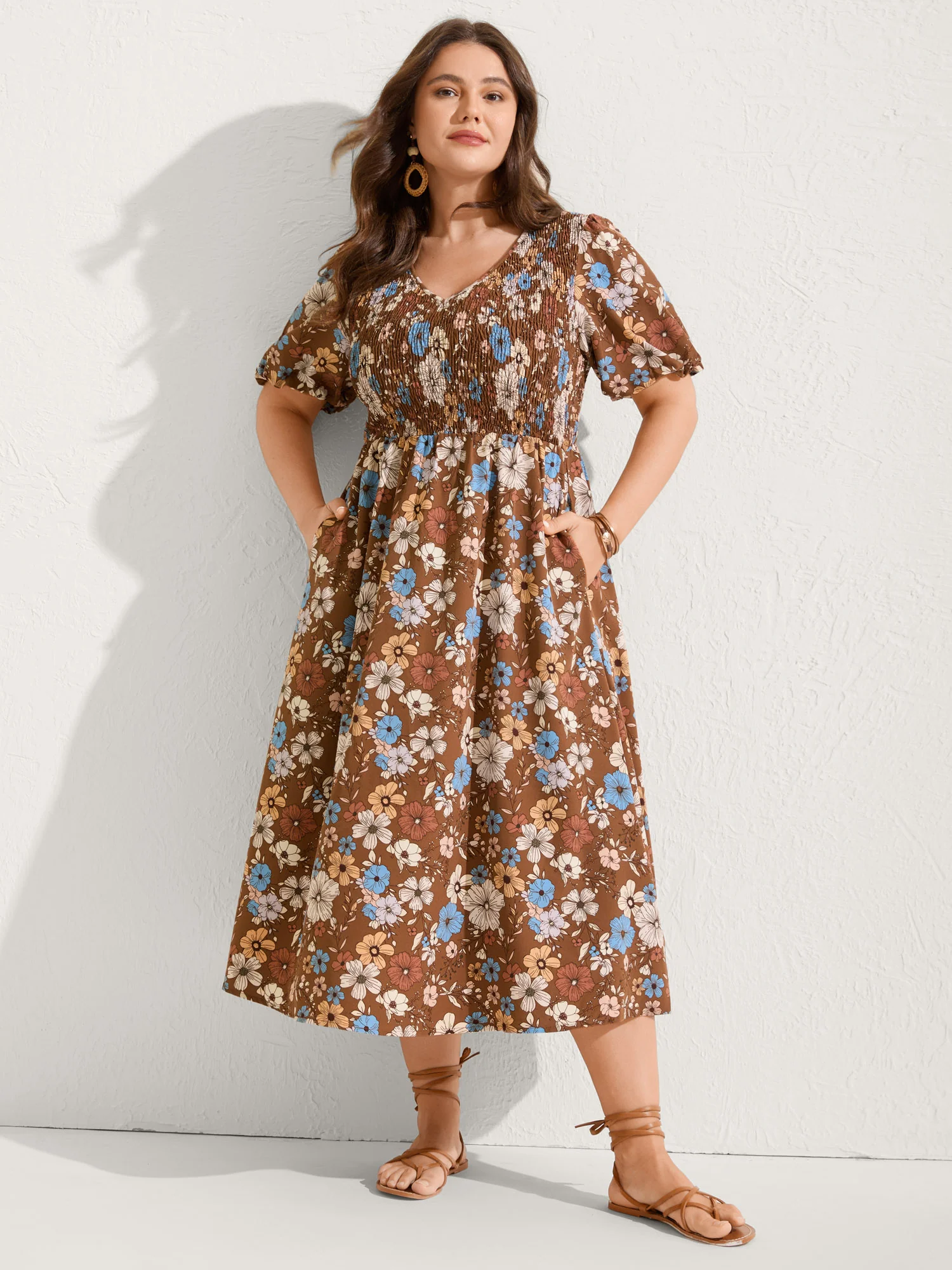 Fall Florals Shirred Bodice Midi Dress - Image 3
