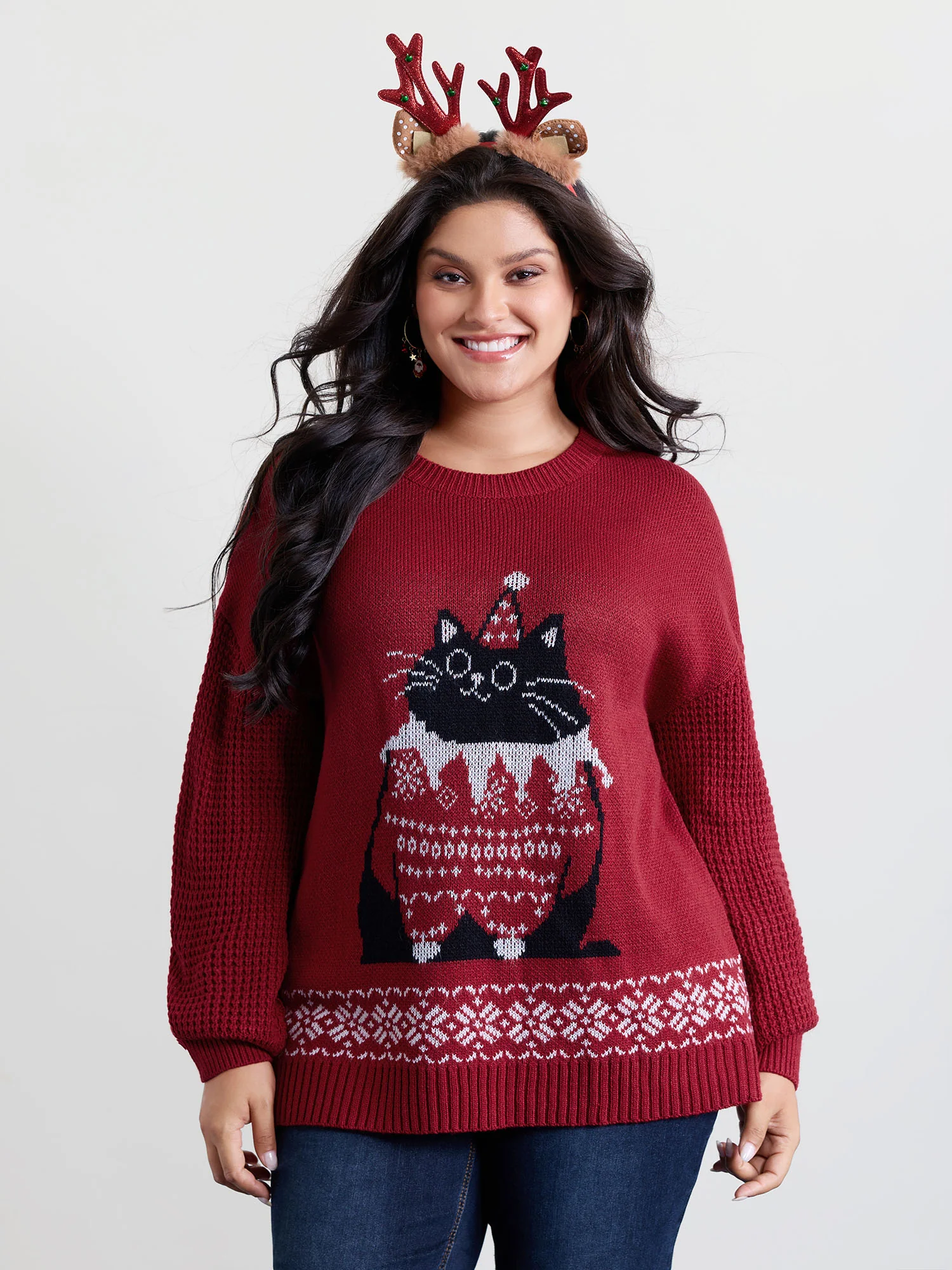 Festive Cat Micro Lantern Sleeve Pullover - Image 2
