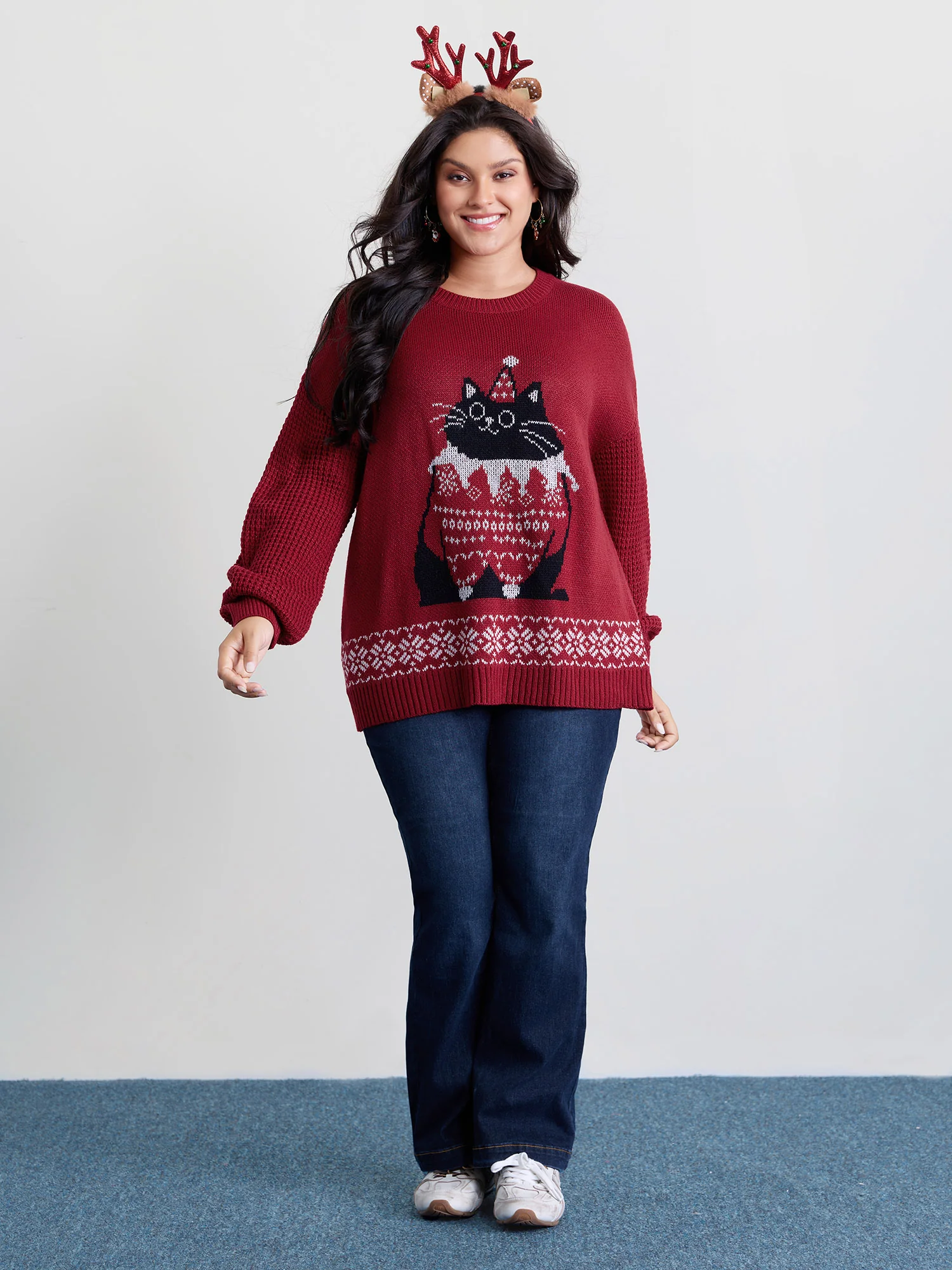 Festive Cat Micro Lantern Sleeve Pullover - Image 3