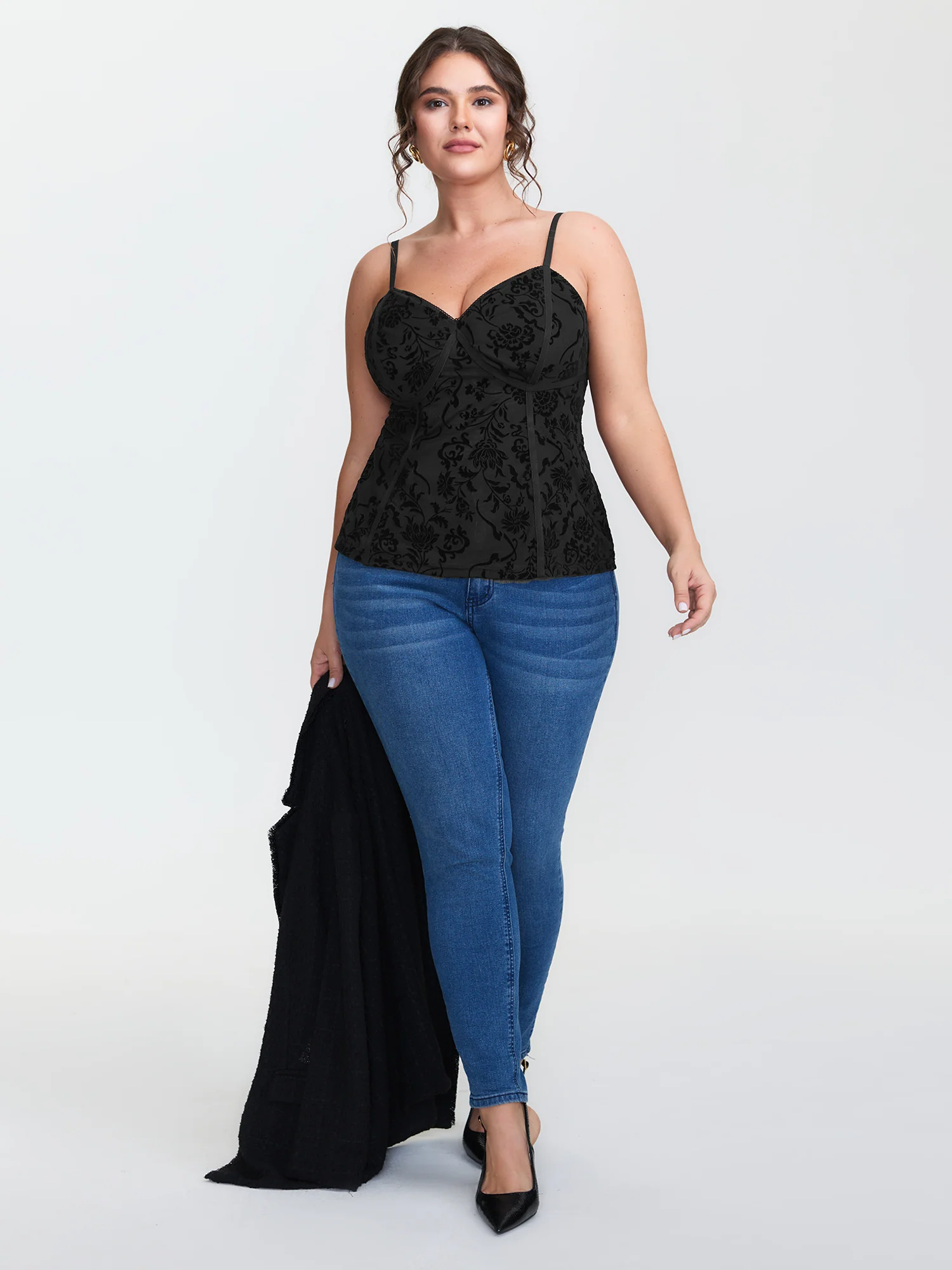 Flocked Floral Stretchy Mesh Lace Tank Top - Image 4