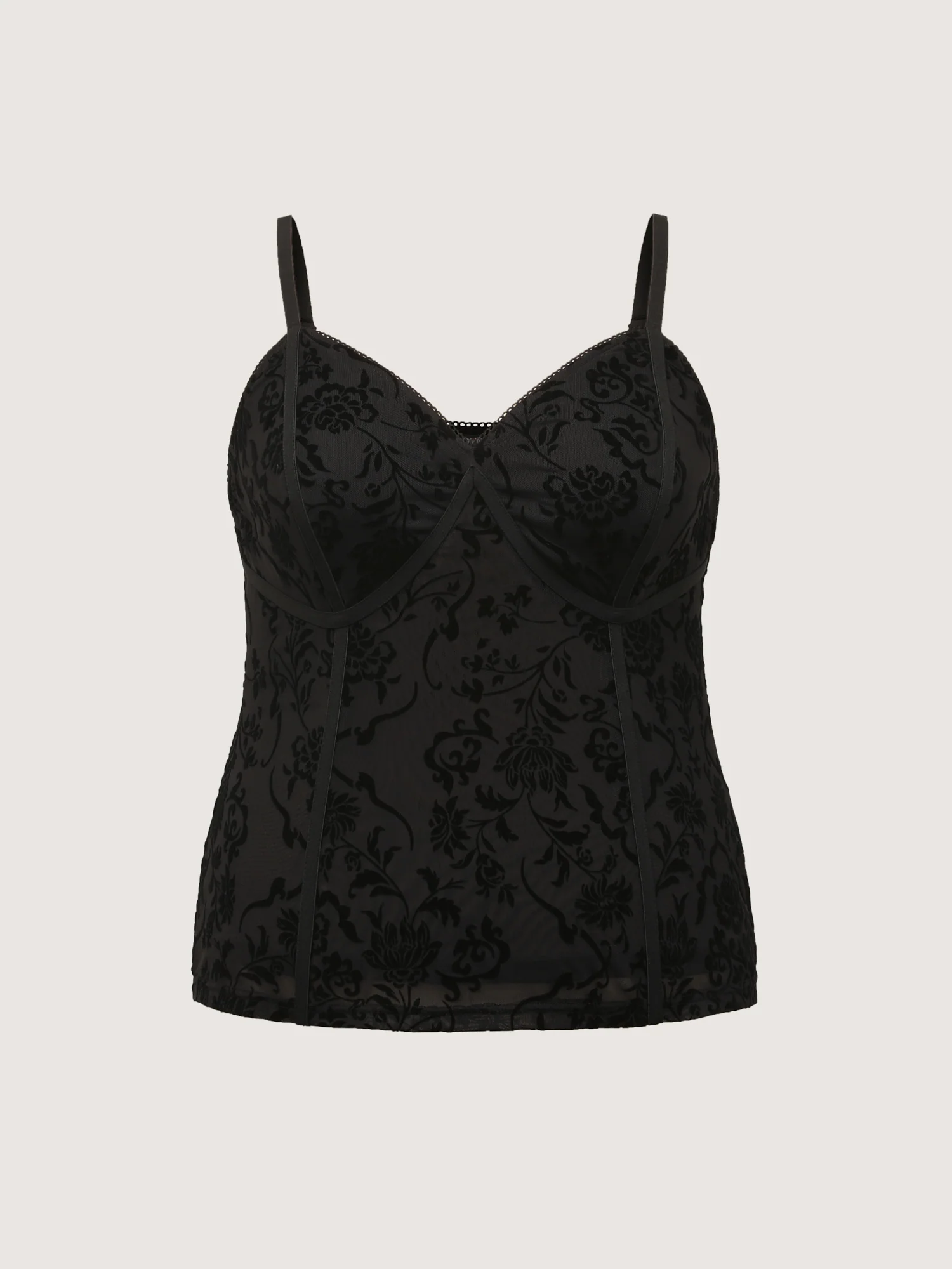 Flocked Floral Stretchy Mesh Lace Tank Top - Image 8