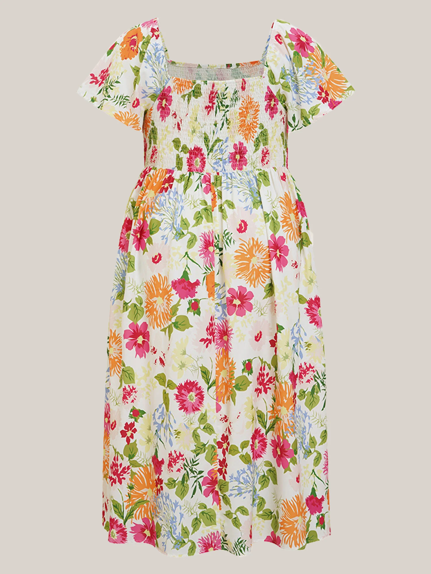 Floral Shirred Square Neck Pocket Midi Dress - Image 6
