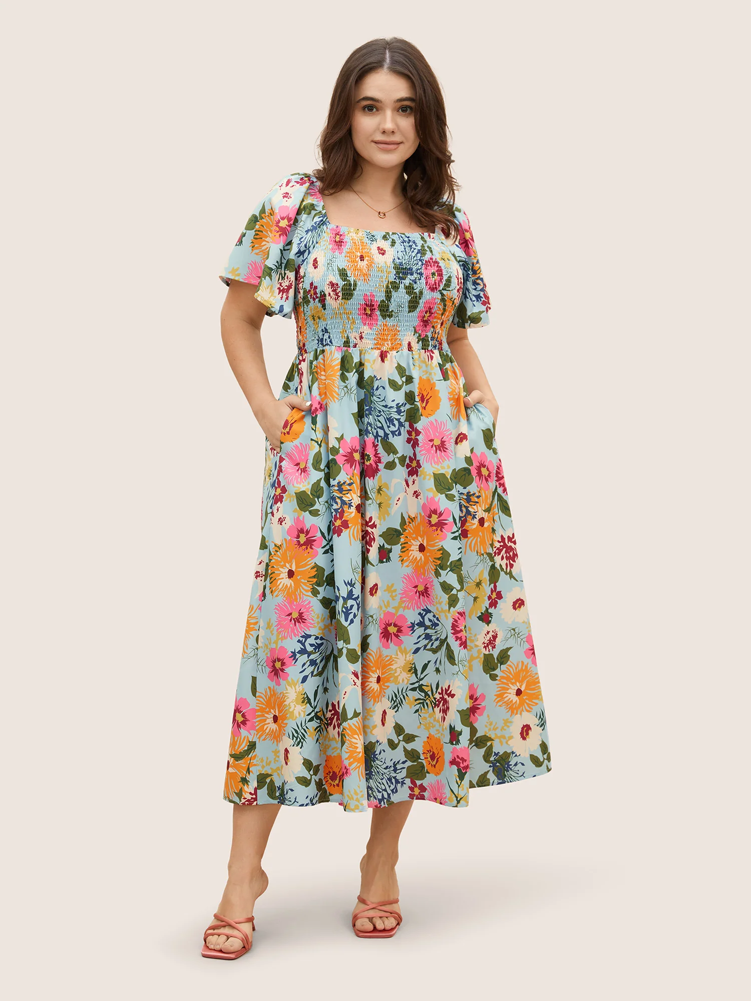 Floral Shirred Square Neck Pocket Midi Dress - Image 7
