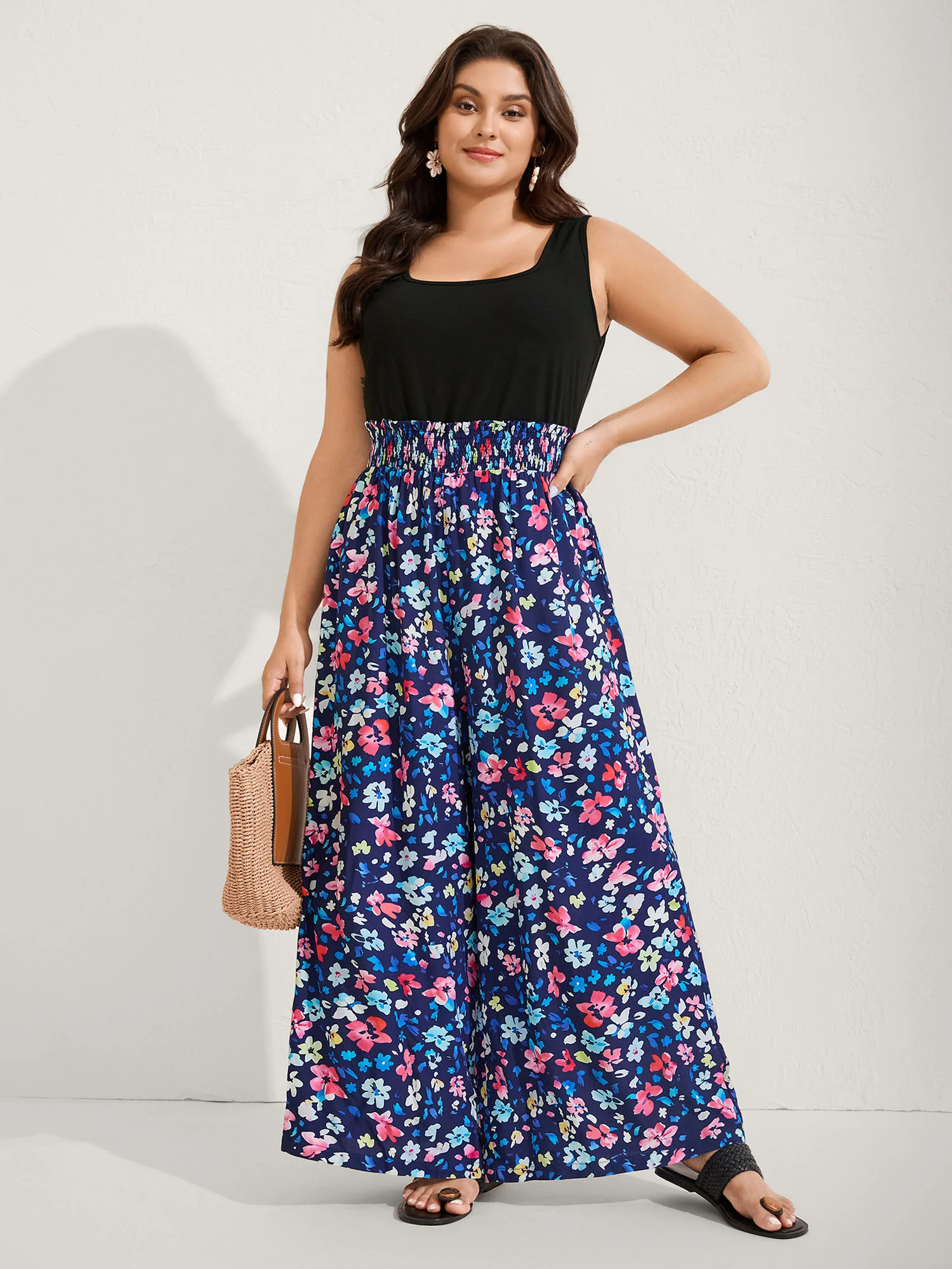 Floral Color Contrast Shirred Jumpsuit - Image 3
