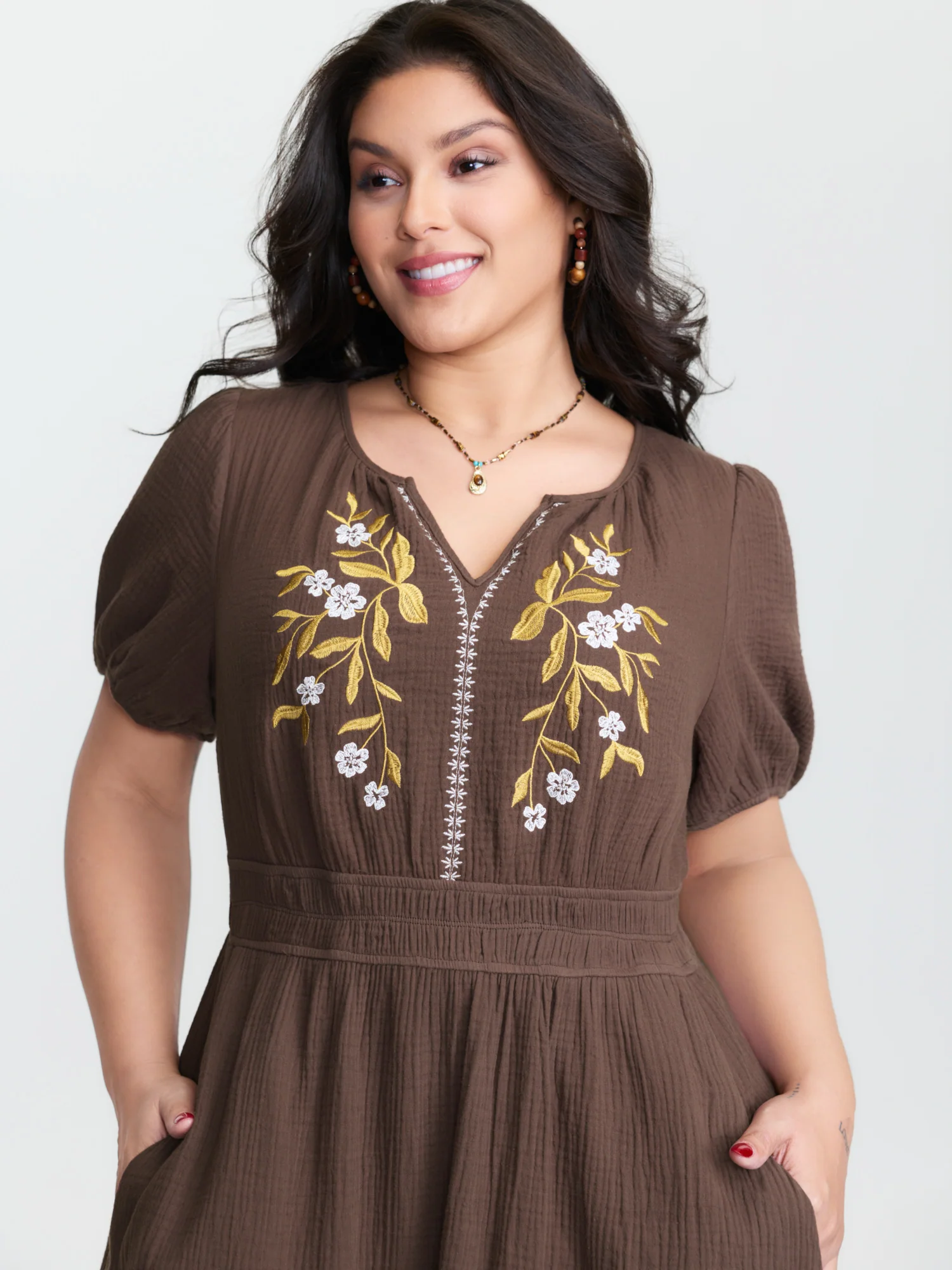 Cotton Floral Embroidered Shirred Waist Midi Dress - Image 3