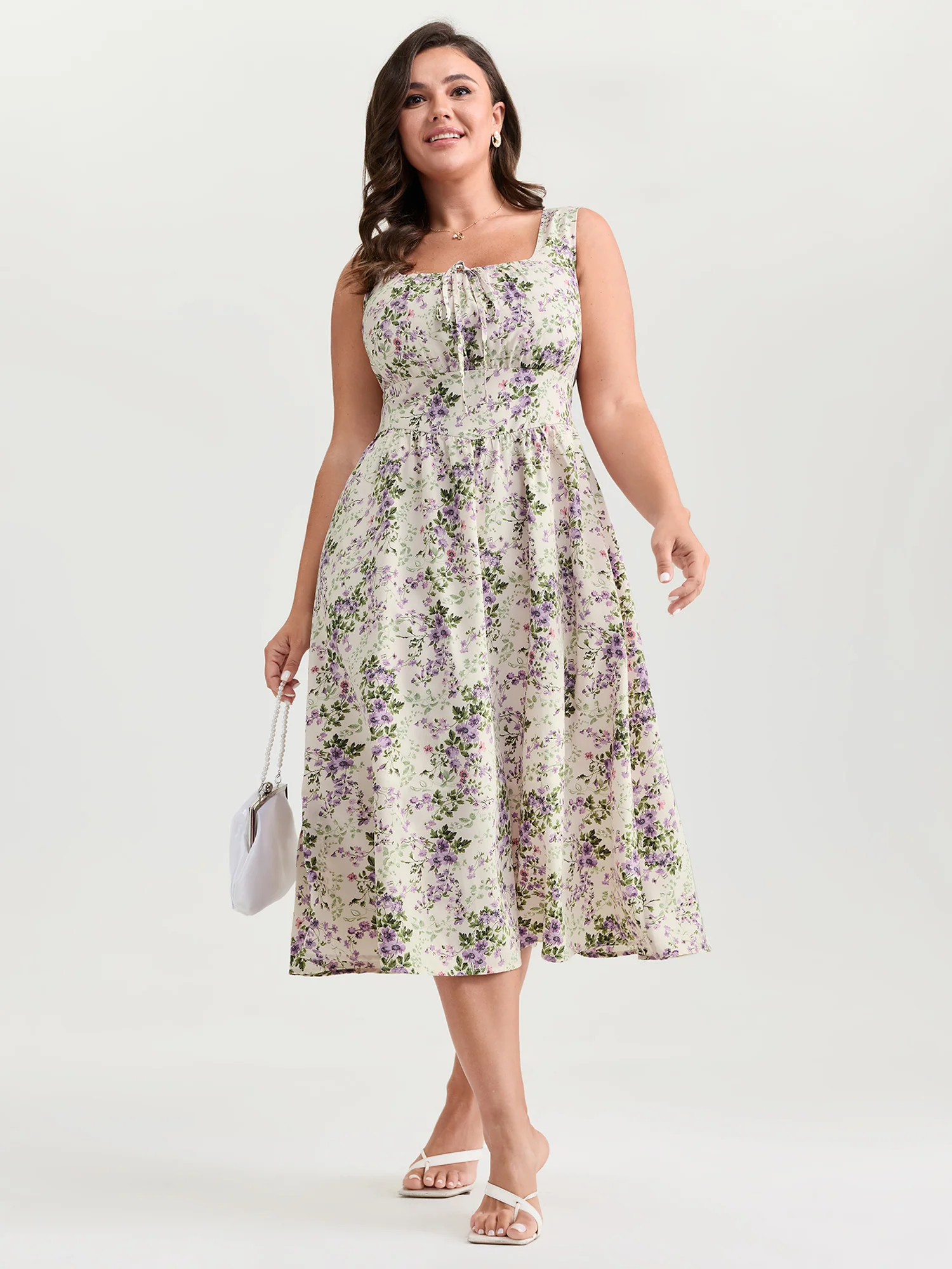 Floral Print Adjustable Bust-Tie Pockets Midi Dress - Image 3