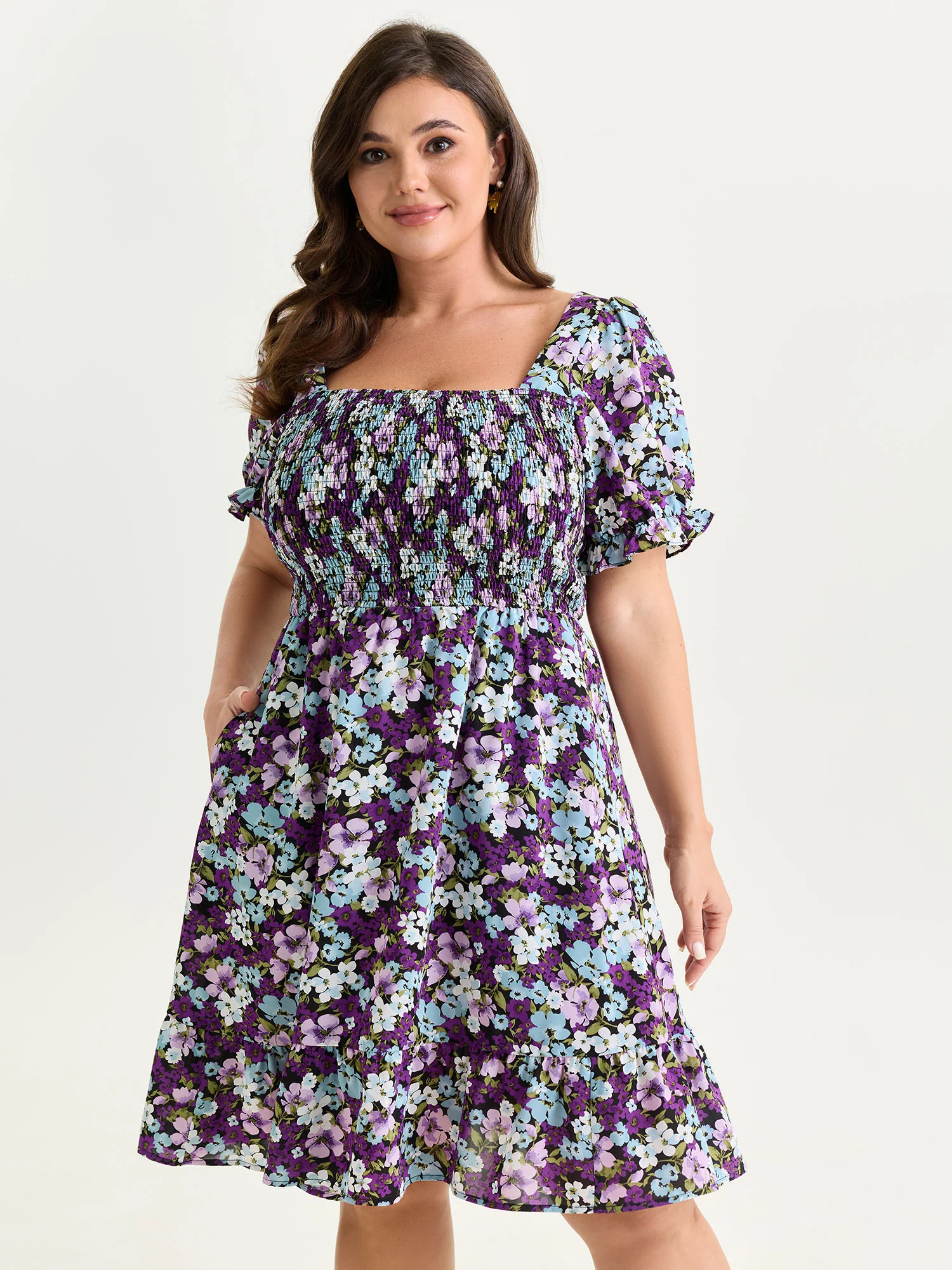 Floral Print Bowknot Puff Sleeve Mini Dress