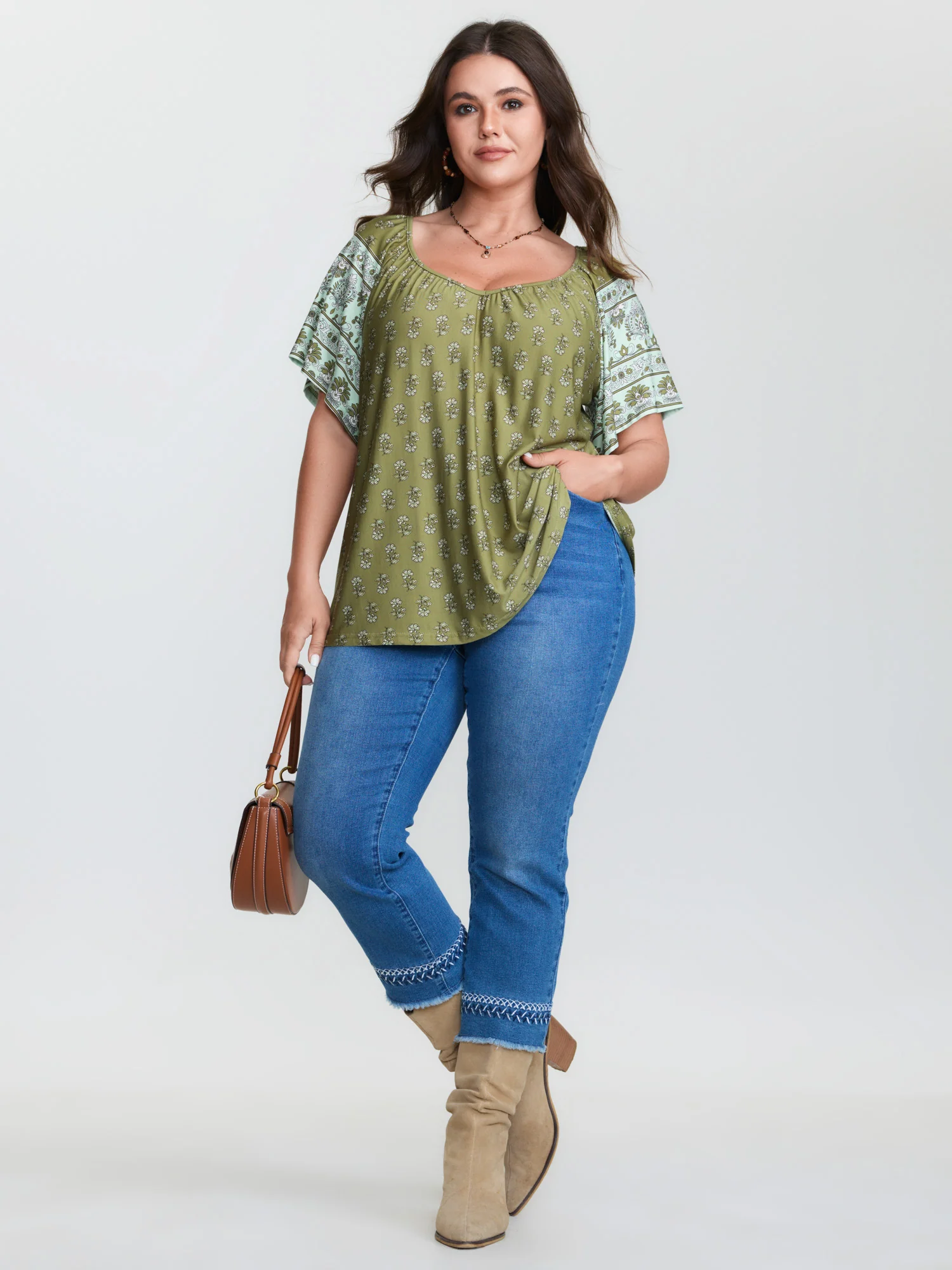 Supersoft Floral Print Flared Sleeve Pleated Knit Top - Image 3