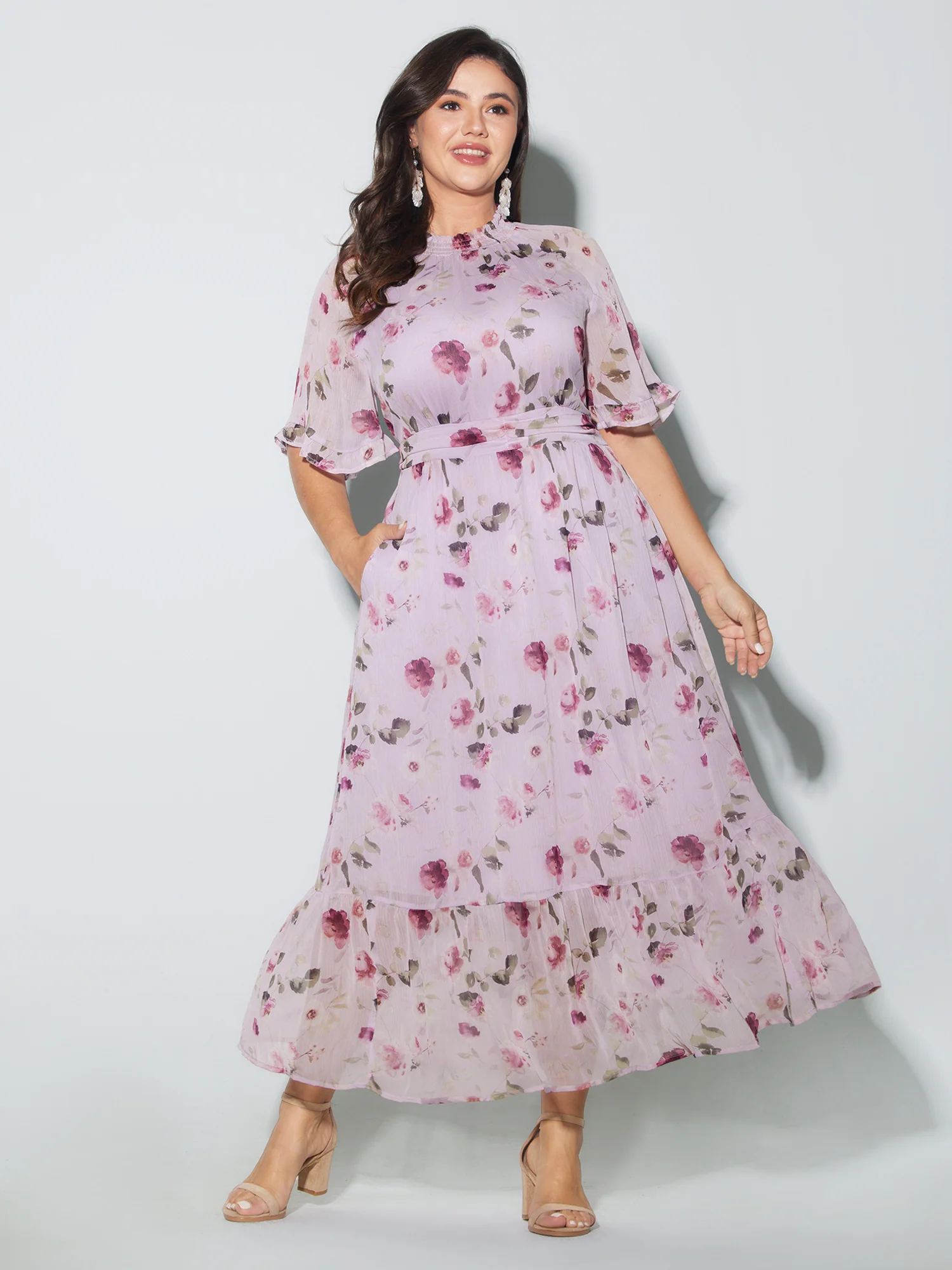 Floral Print Pockets Shirred Mock Neck Maxi Dress