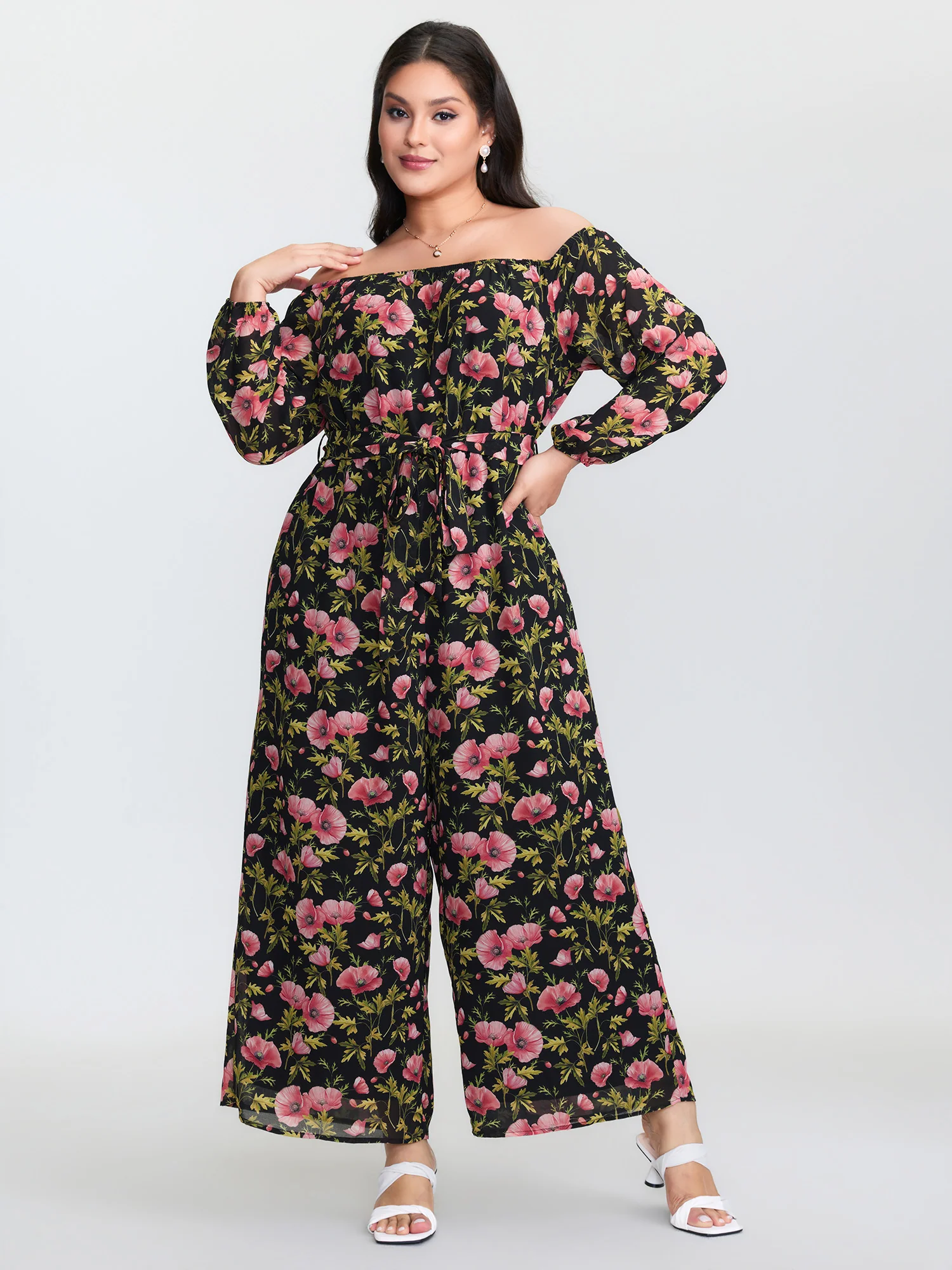 Floral Print Pockets Stretchy Waist Jumpsuit