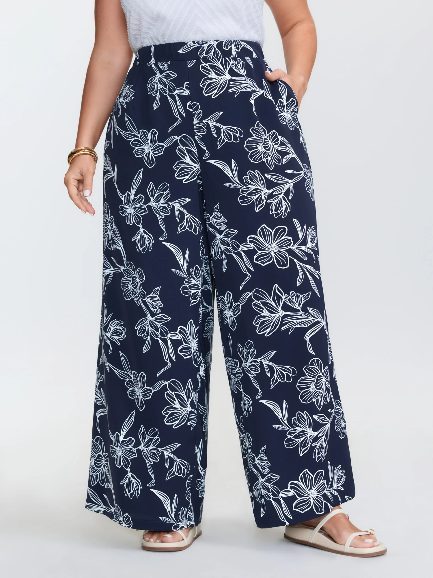 Floral Print Pull-On Wide-Leg Pants