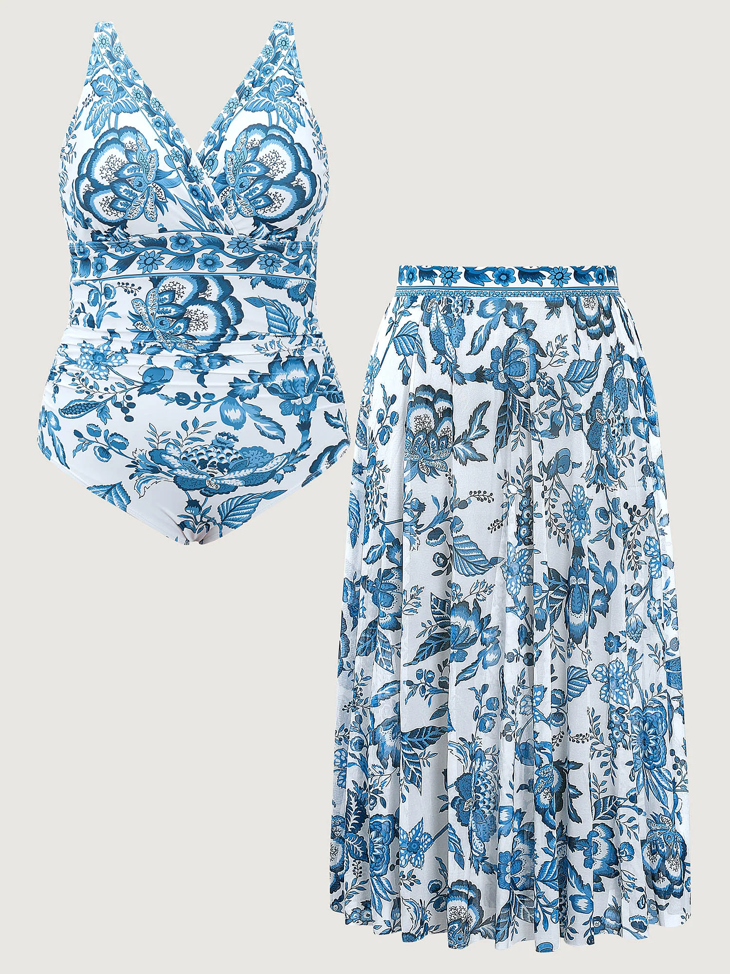 Two-Piece Floral Print Ruched Mesh Swimsuit, Sarong - Image 30