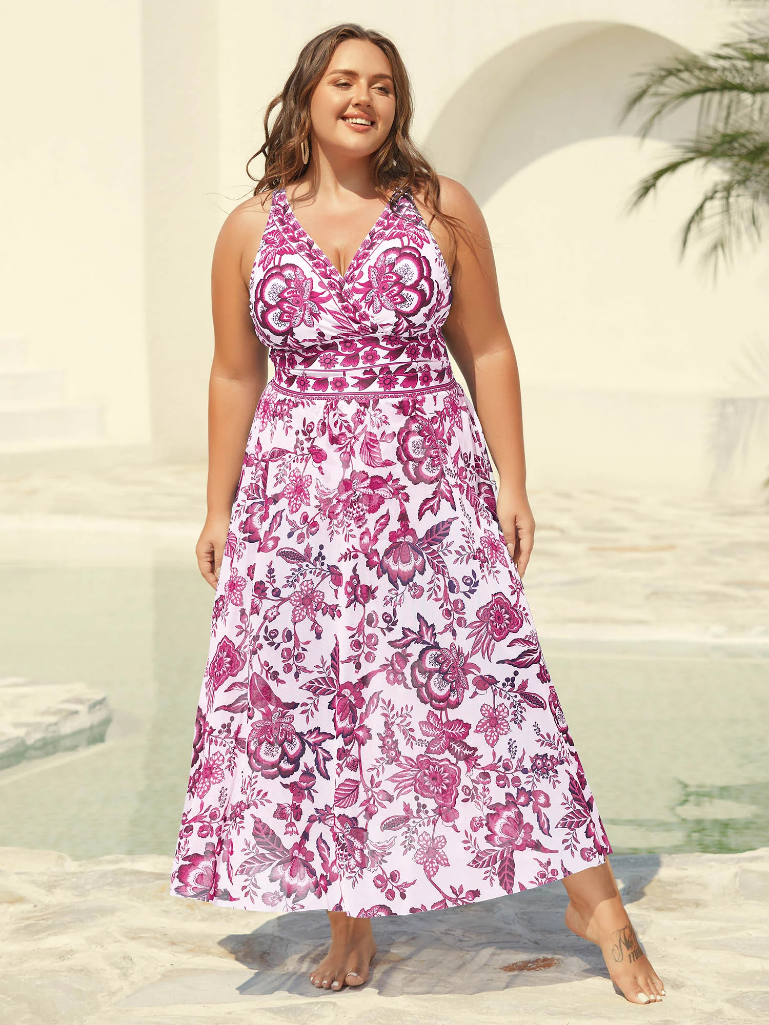 Two-Piece Floral Print Ruched Mesh Swimsuit, Sarong - Image 41