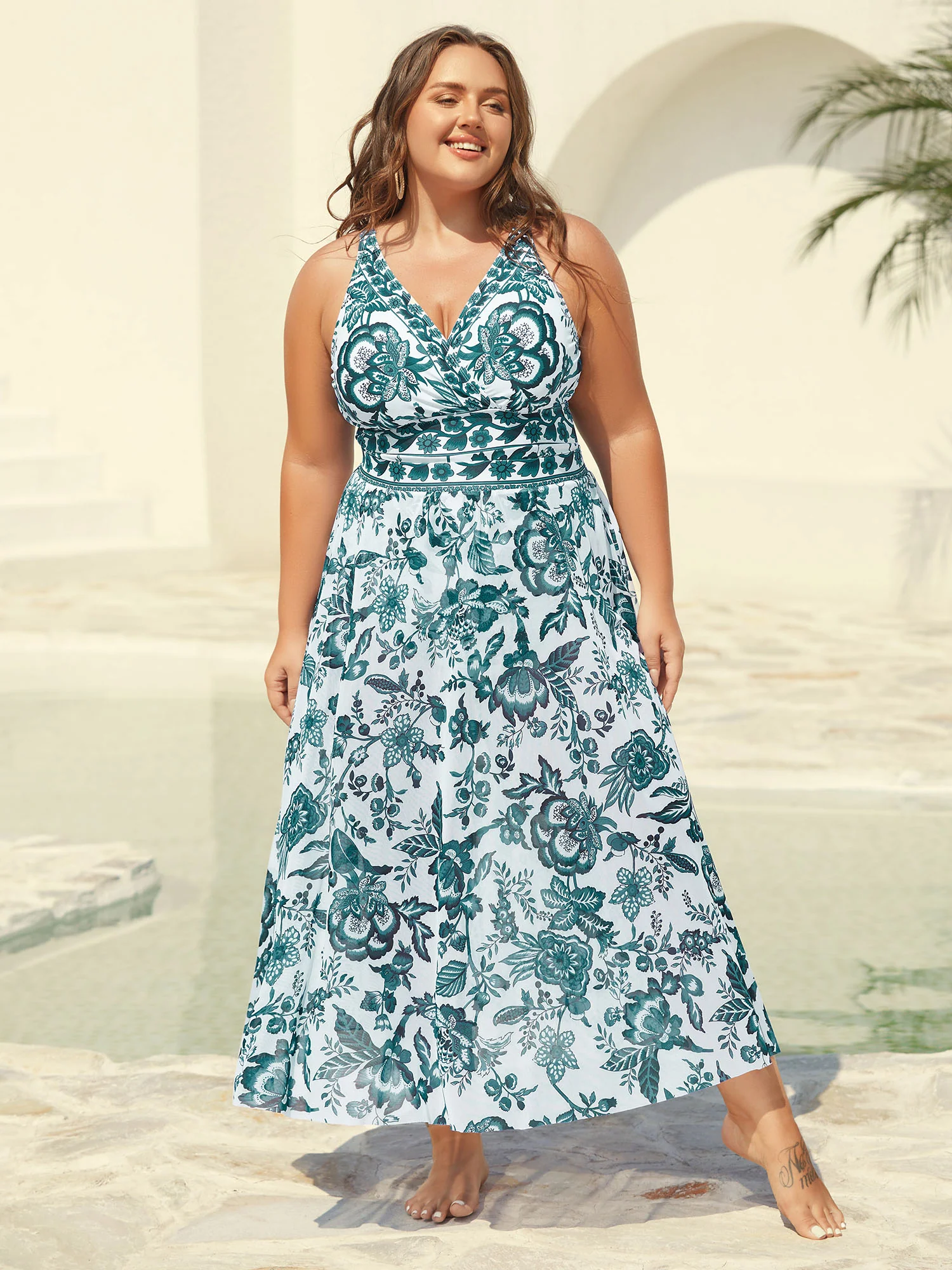 Two-Piece Floral Print Ruched Mesh Swimsuit, Sarong - Image 46