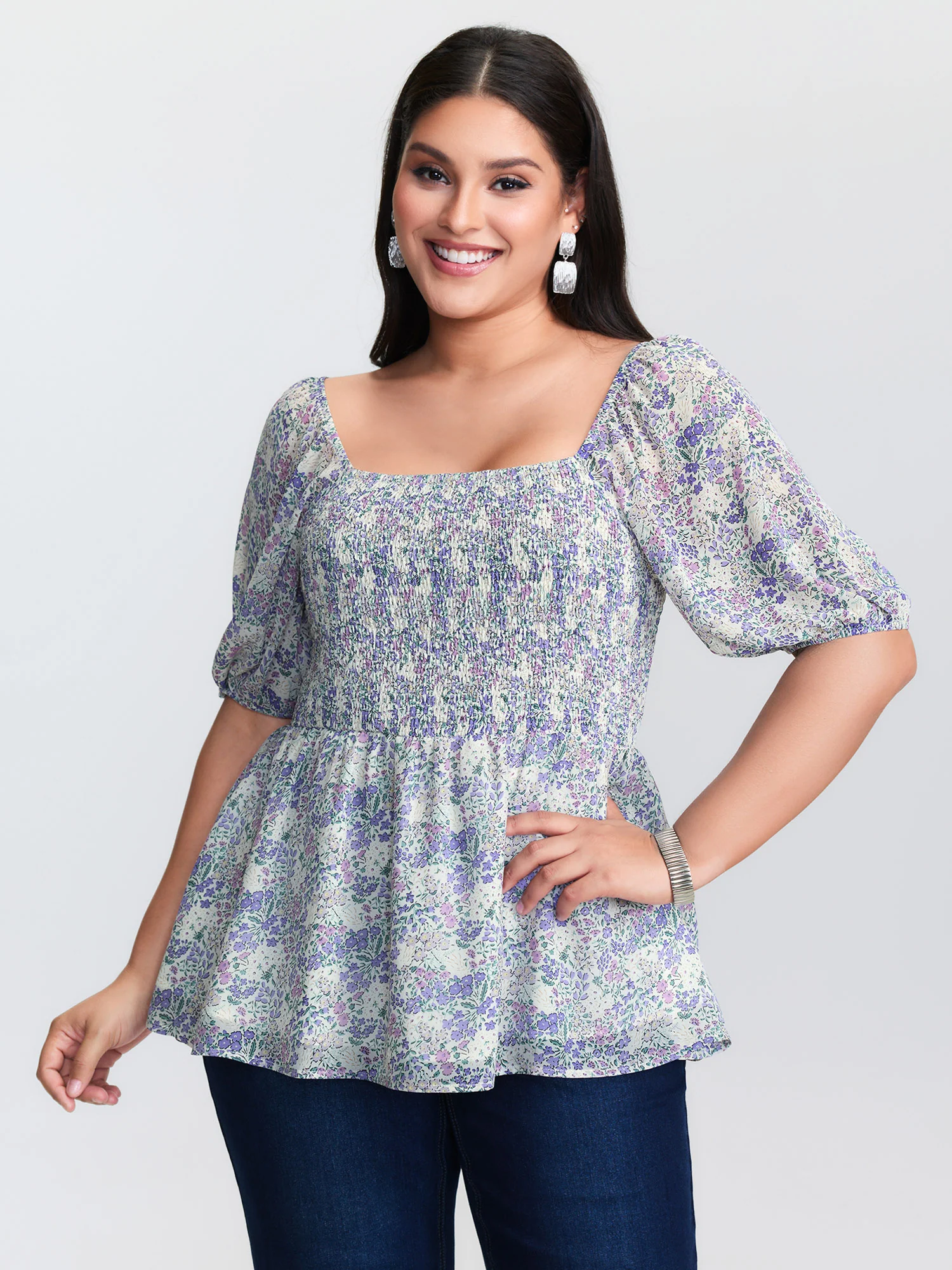 Floral Print Shirred Bodice Blouse