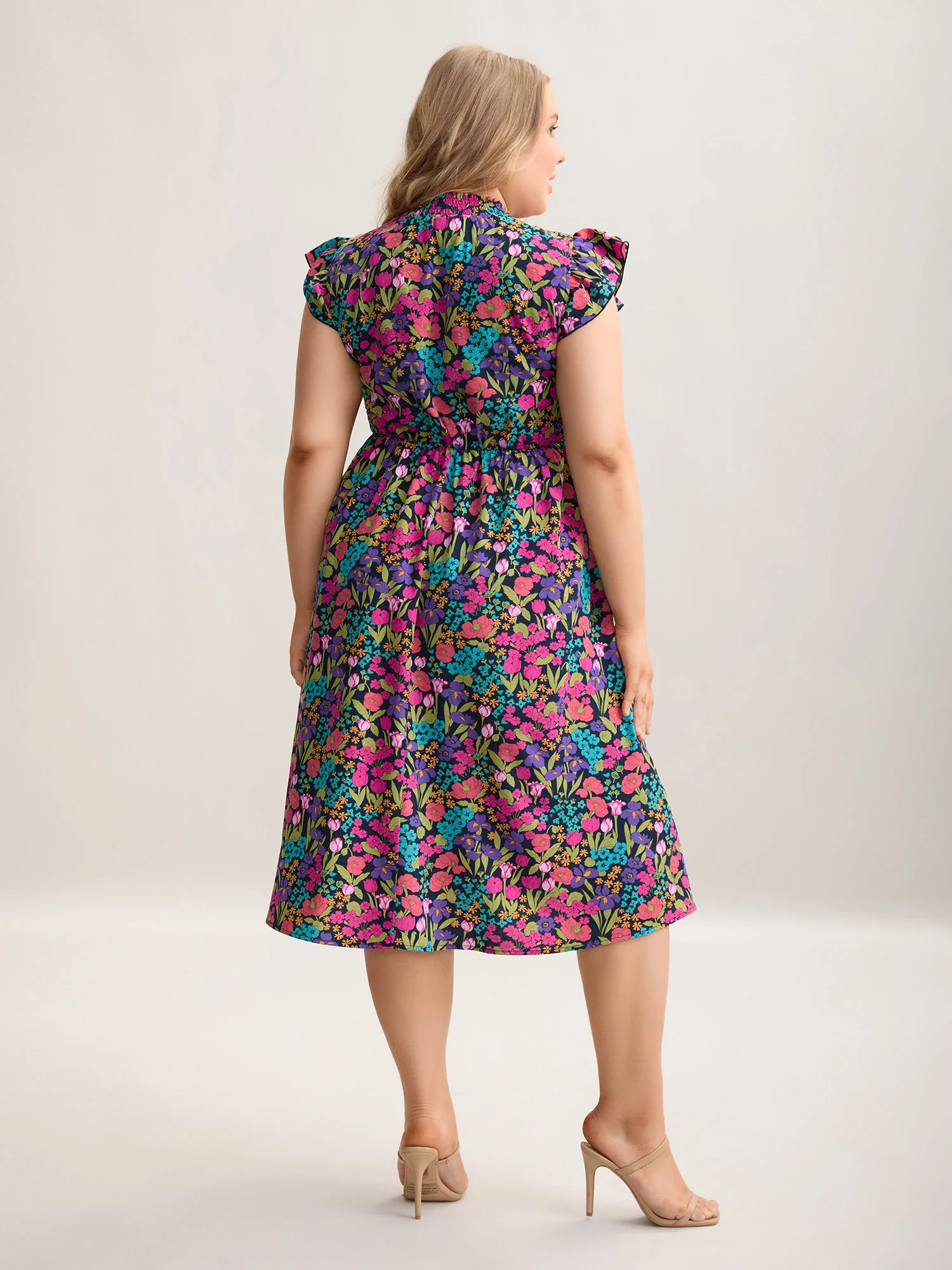 Floral Print Shirred Pockets Midi Dress - Image 4