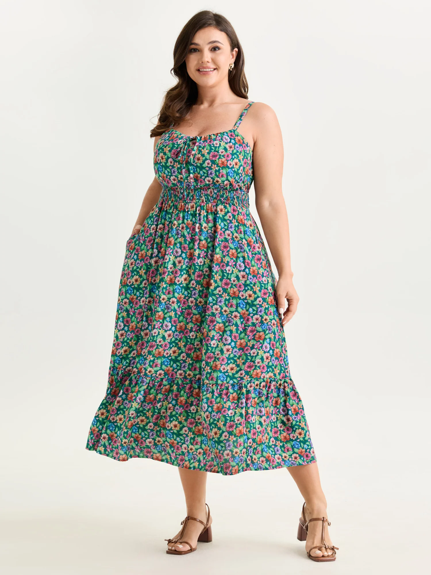 Floral Print Shirred Waist Flowy Midi Dress