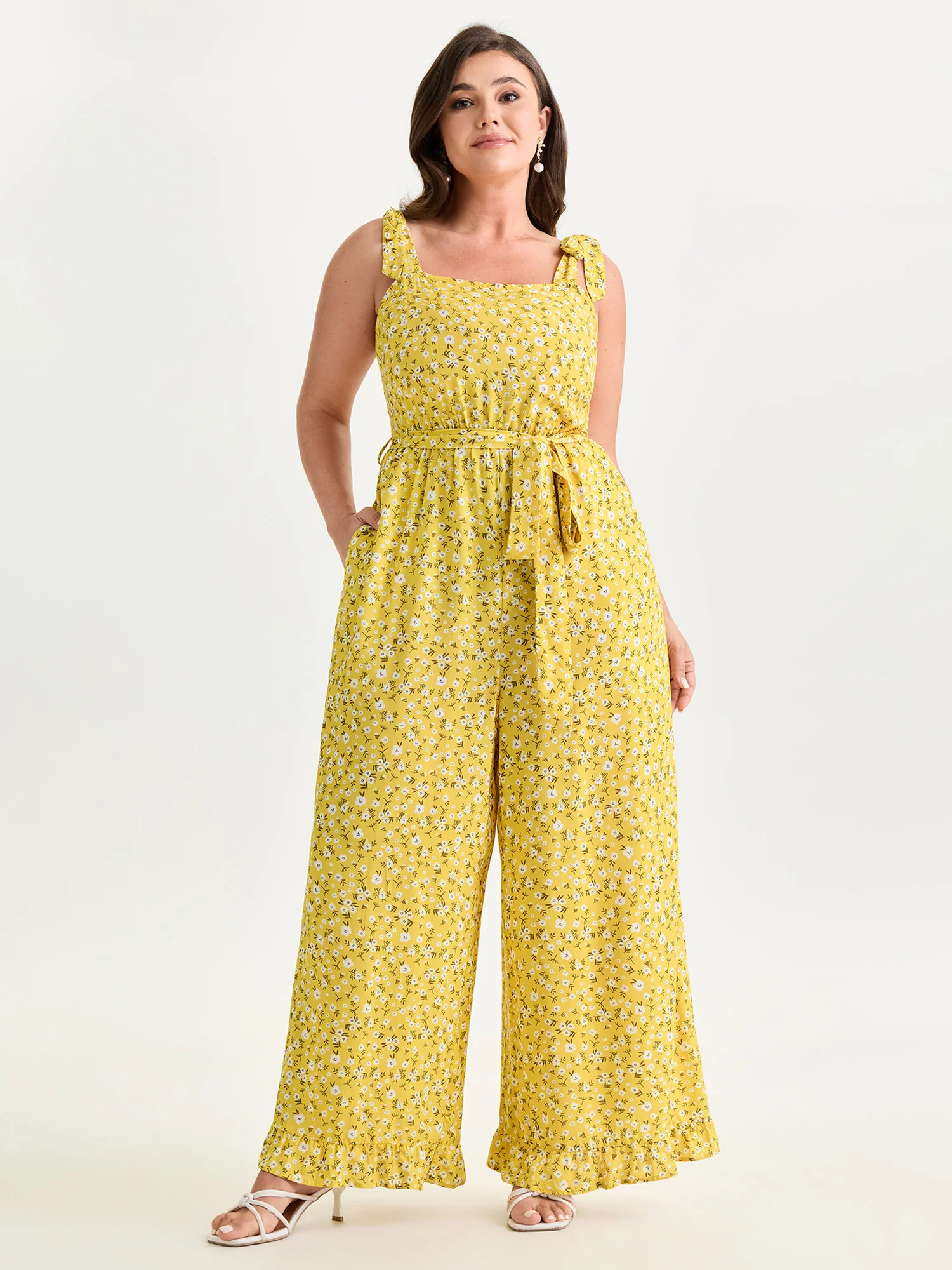 Floral Print Shoulder-Tie Ruffled Hem Jumpsuit