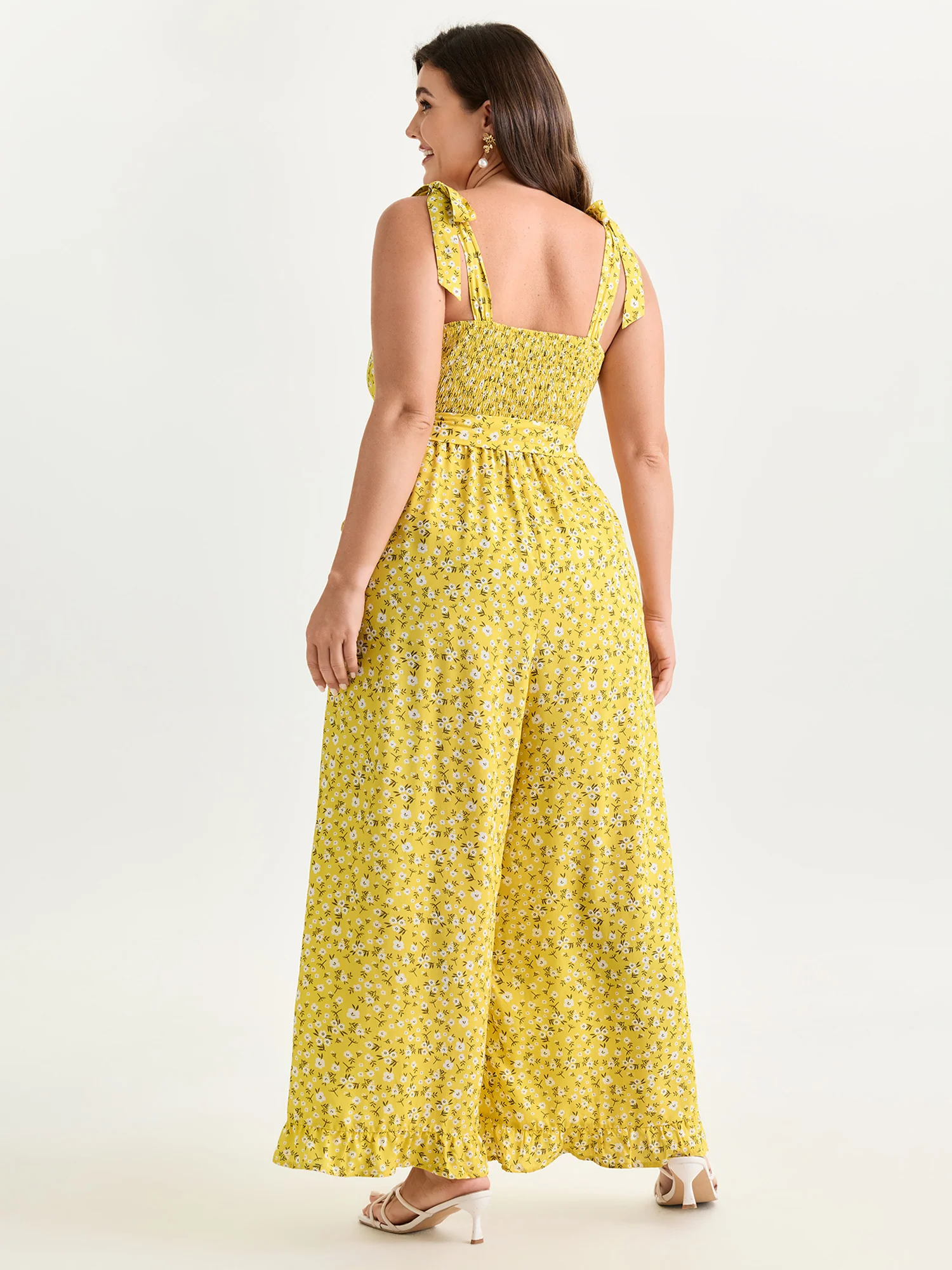 Floral Print Shoulder-Tie Ruffled Hem Jumpsuit - Image 4