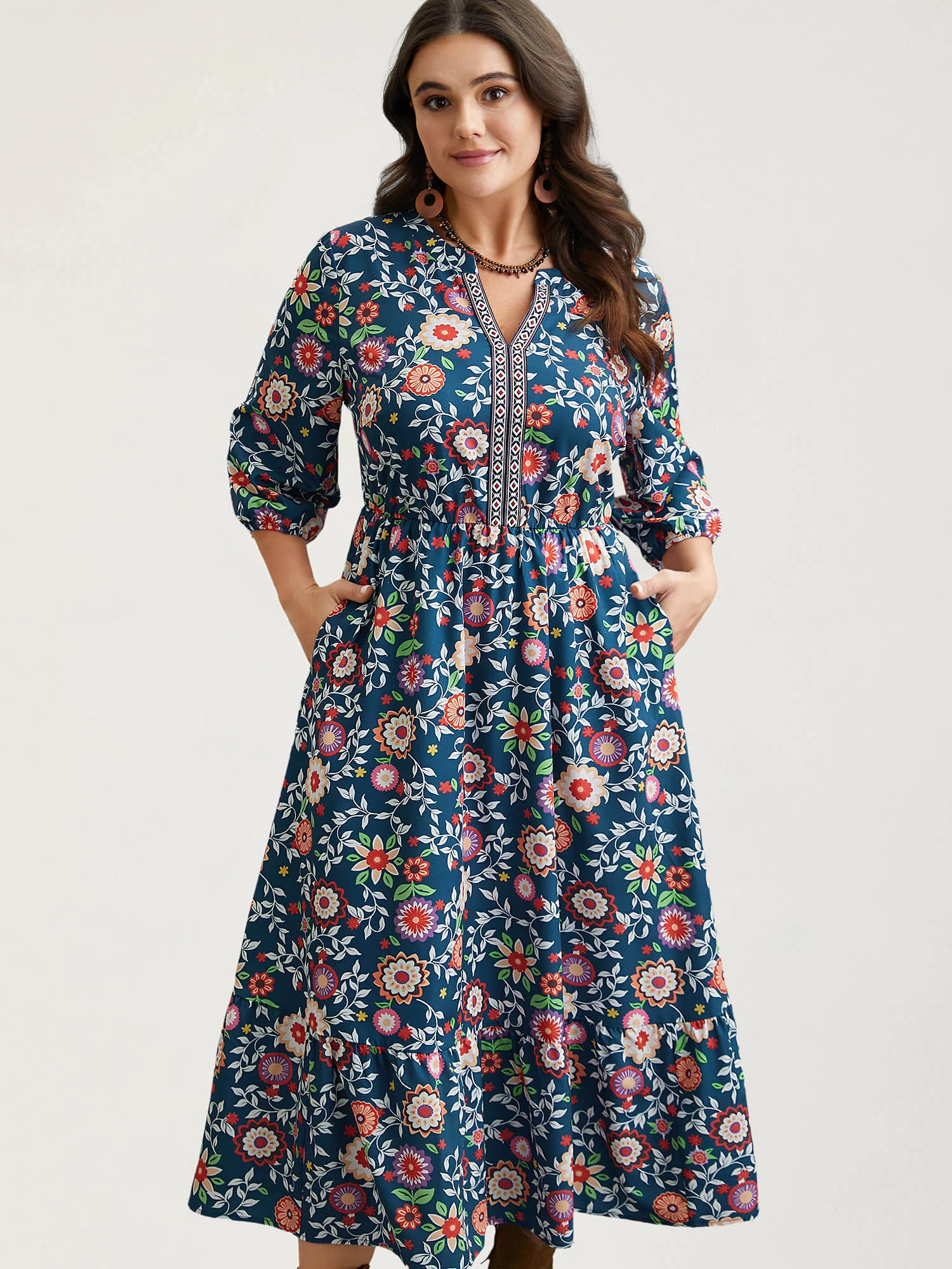 Floral Print Stretchy-Waist Pockets Midi Dress
