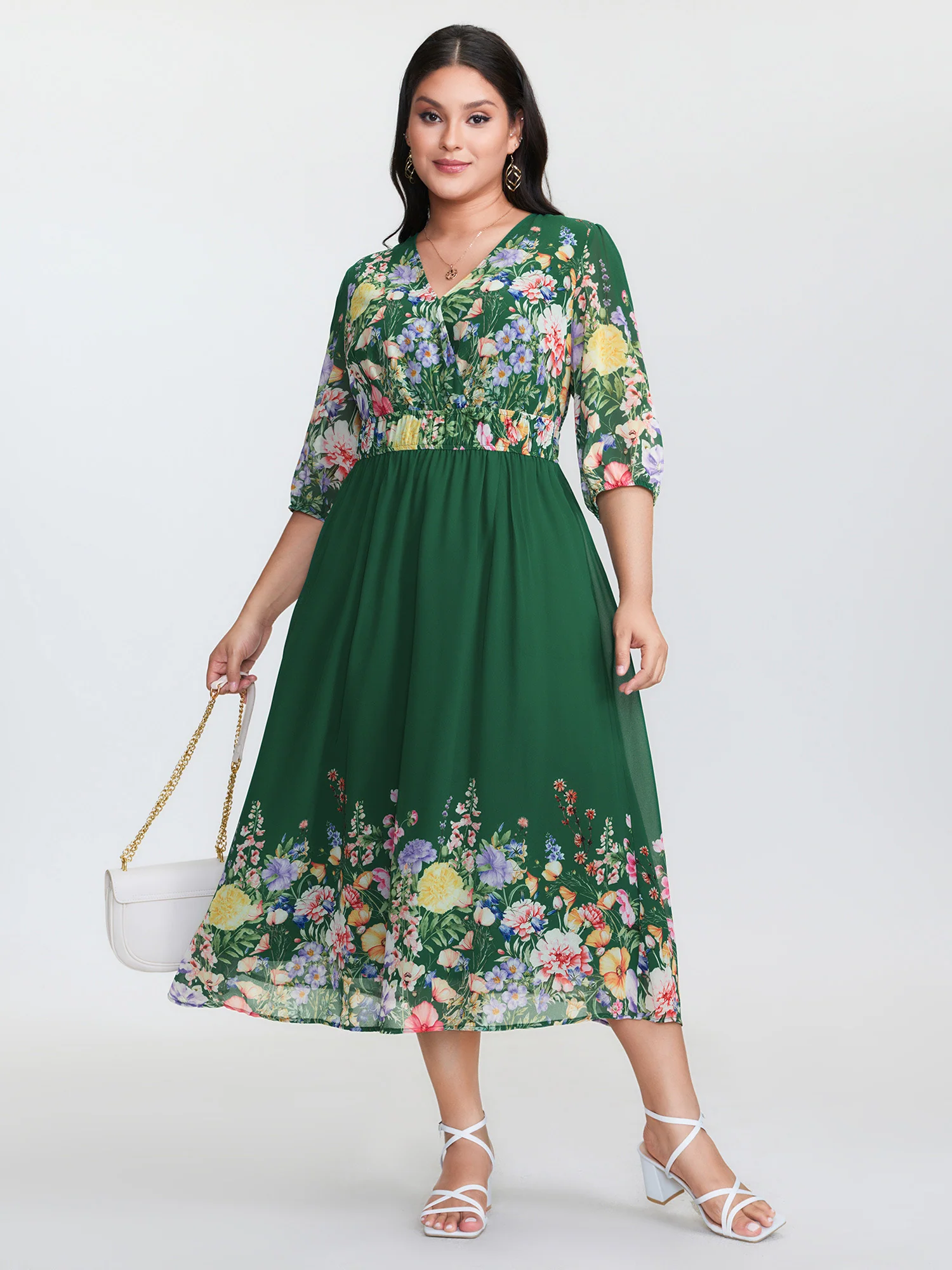 Floral Print Surplice Neckline Stretchy Waist Maxi Dress