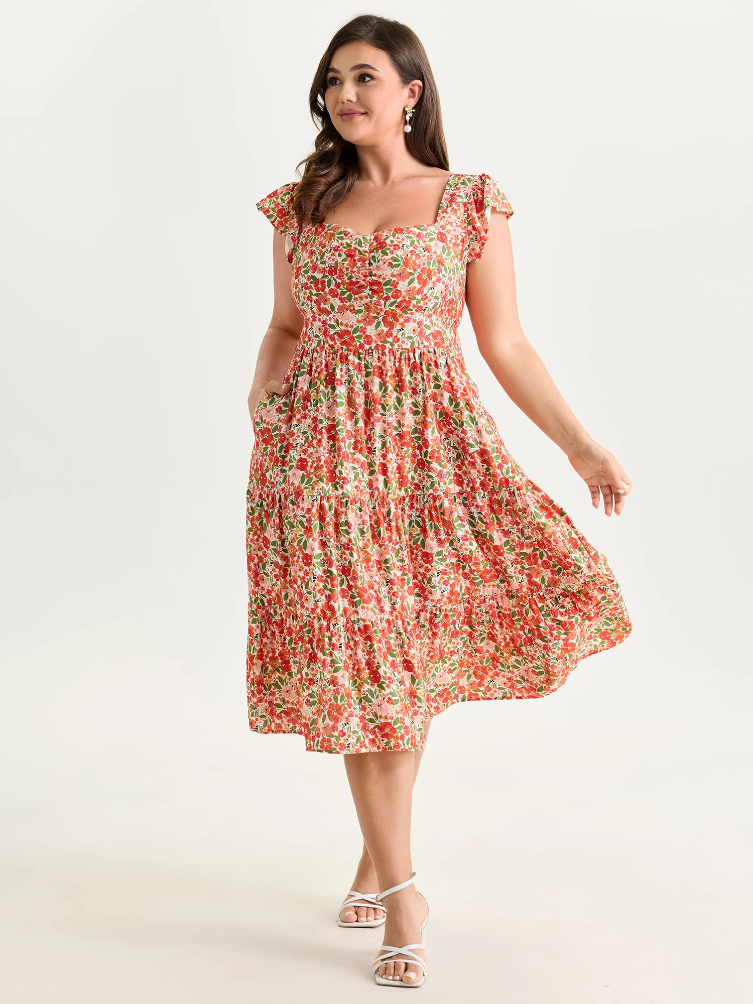 Floral Print Sweetheart Neckline Midi Dress - Image 3