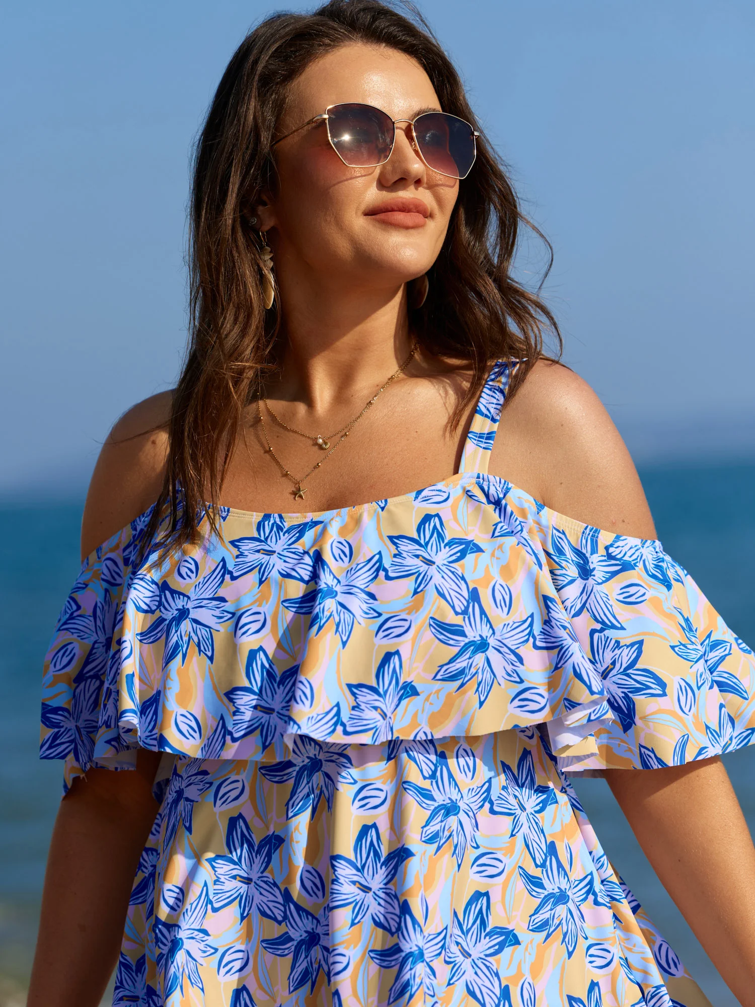 Floral Ruffle Trim Off Shoulder Pockets Swim Dress - Image 2