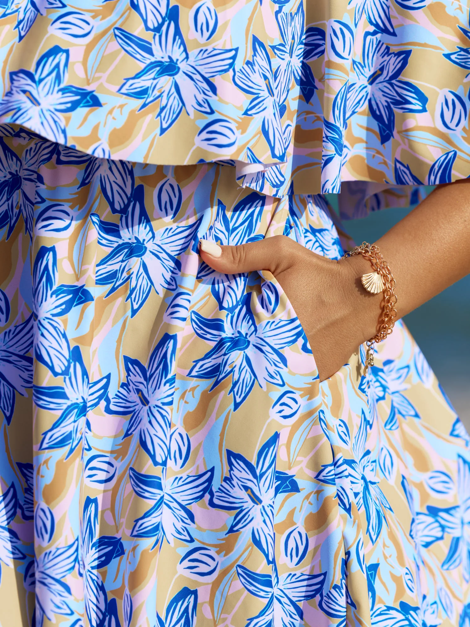 Floral Ruffle Trim Off Shoulder Pockets Swim Dress - Image 5