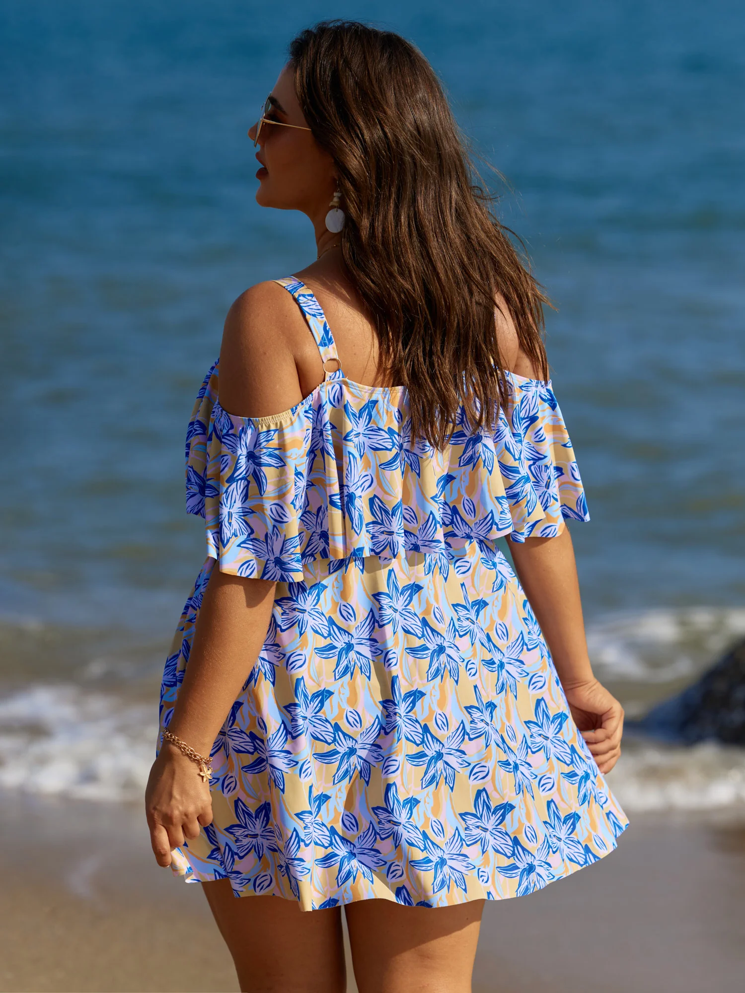 Floral Ruffle Trim Off Shoulder Pockets Swim Dress - Image 6