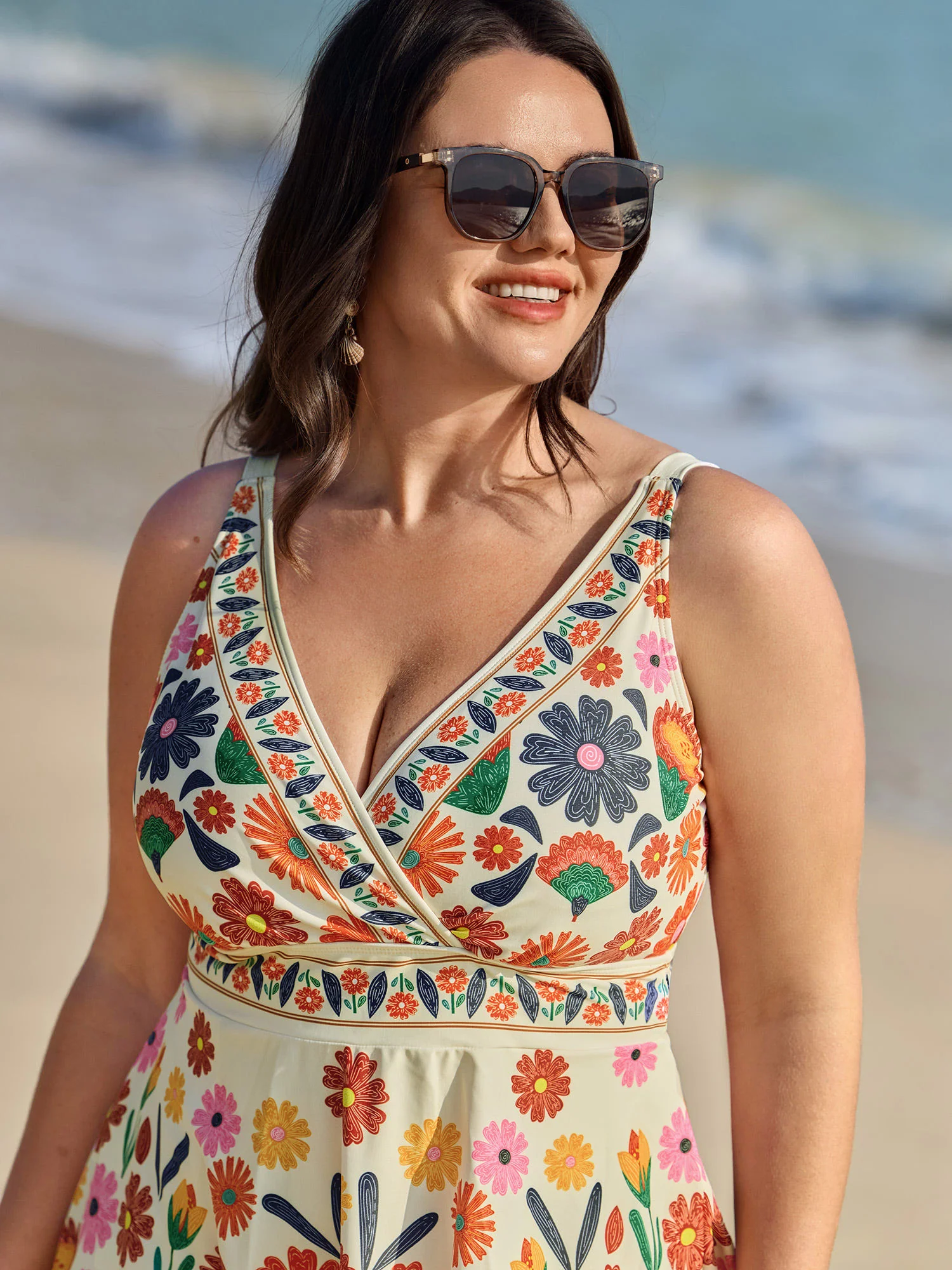 Floral Surplice Neckline Pockets Swim Dress - Image 2