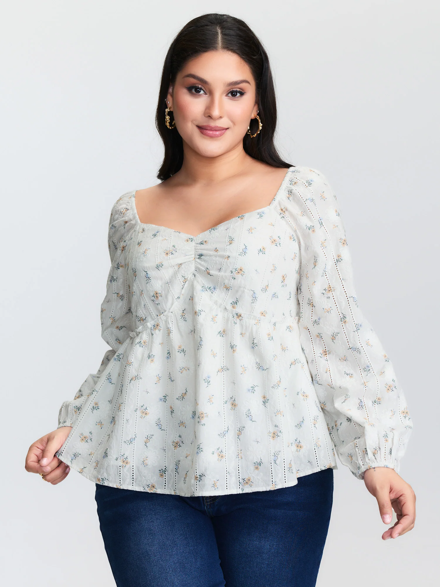 Cotton Floral Sweetheart Neckline Ruched Blouse