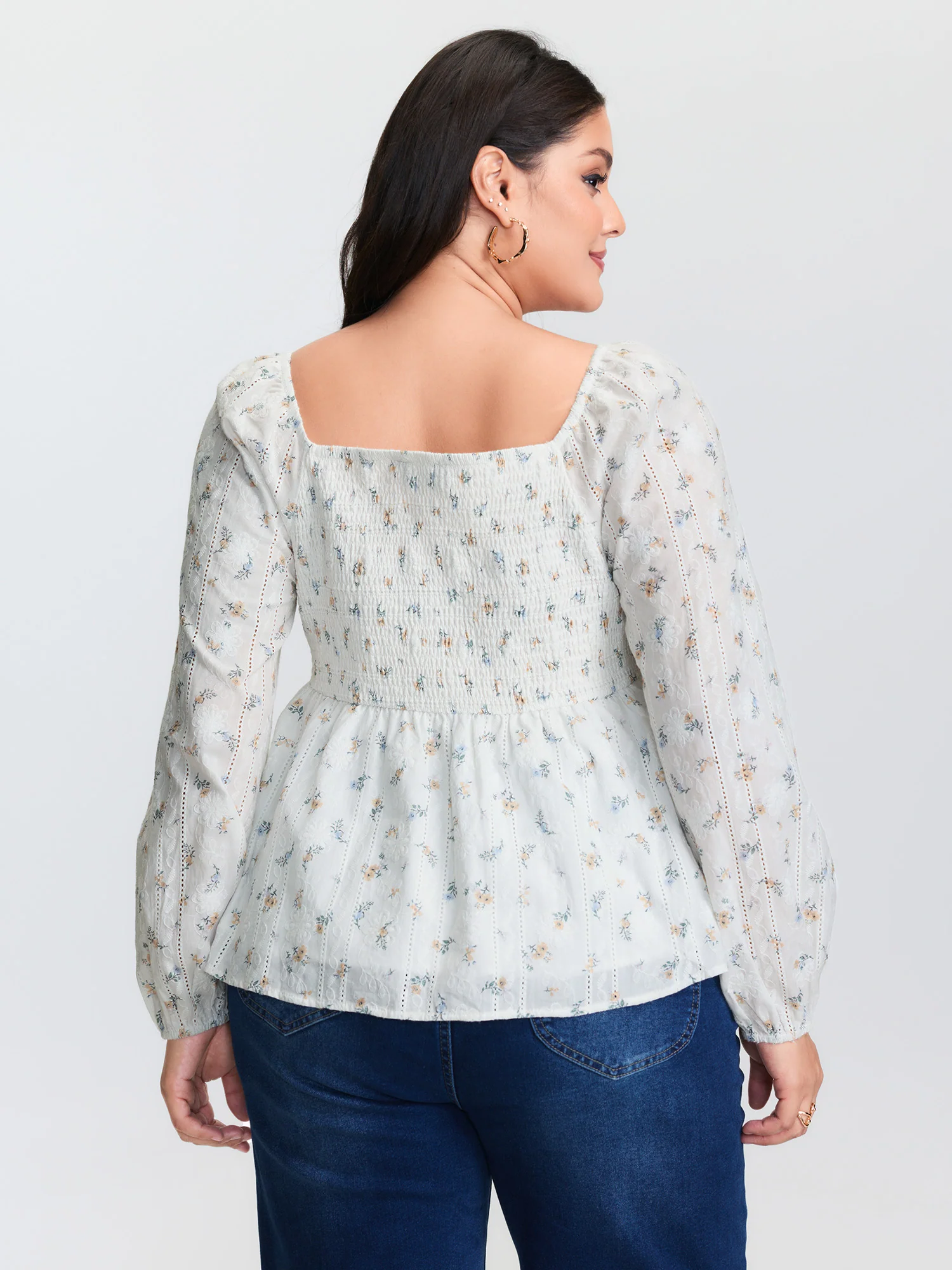 Cotton Floral Sweetheart Neckline Ruched Blouse - Image 4