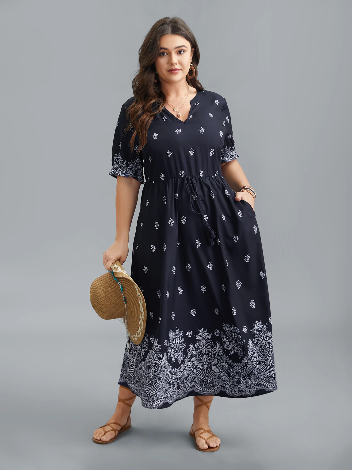Floral Waist-Tie Notched Collar Midi Dress - Image 4