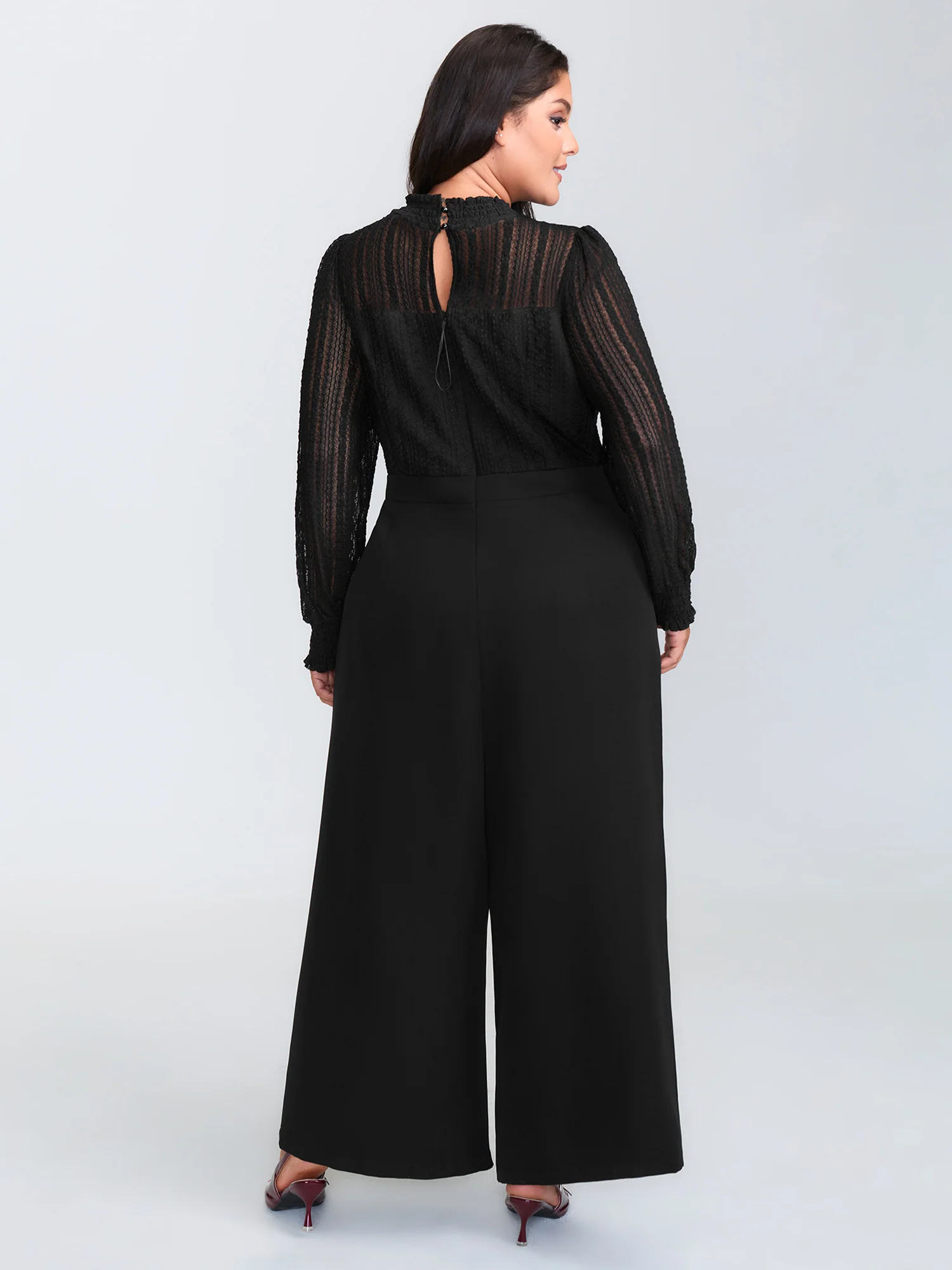 Geometric Lace Trim Sheer Wide-Leg Jumpsuit - Image 4
