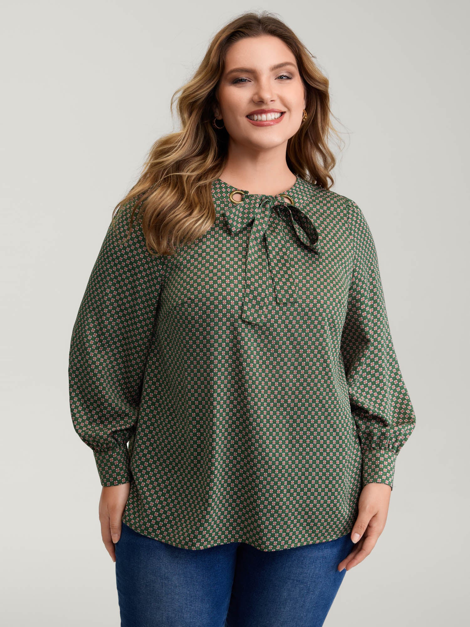 Geometric Print Bow-Tie Neckline Blouse - Image 2