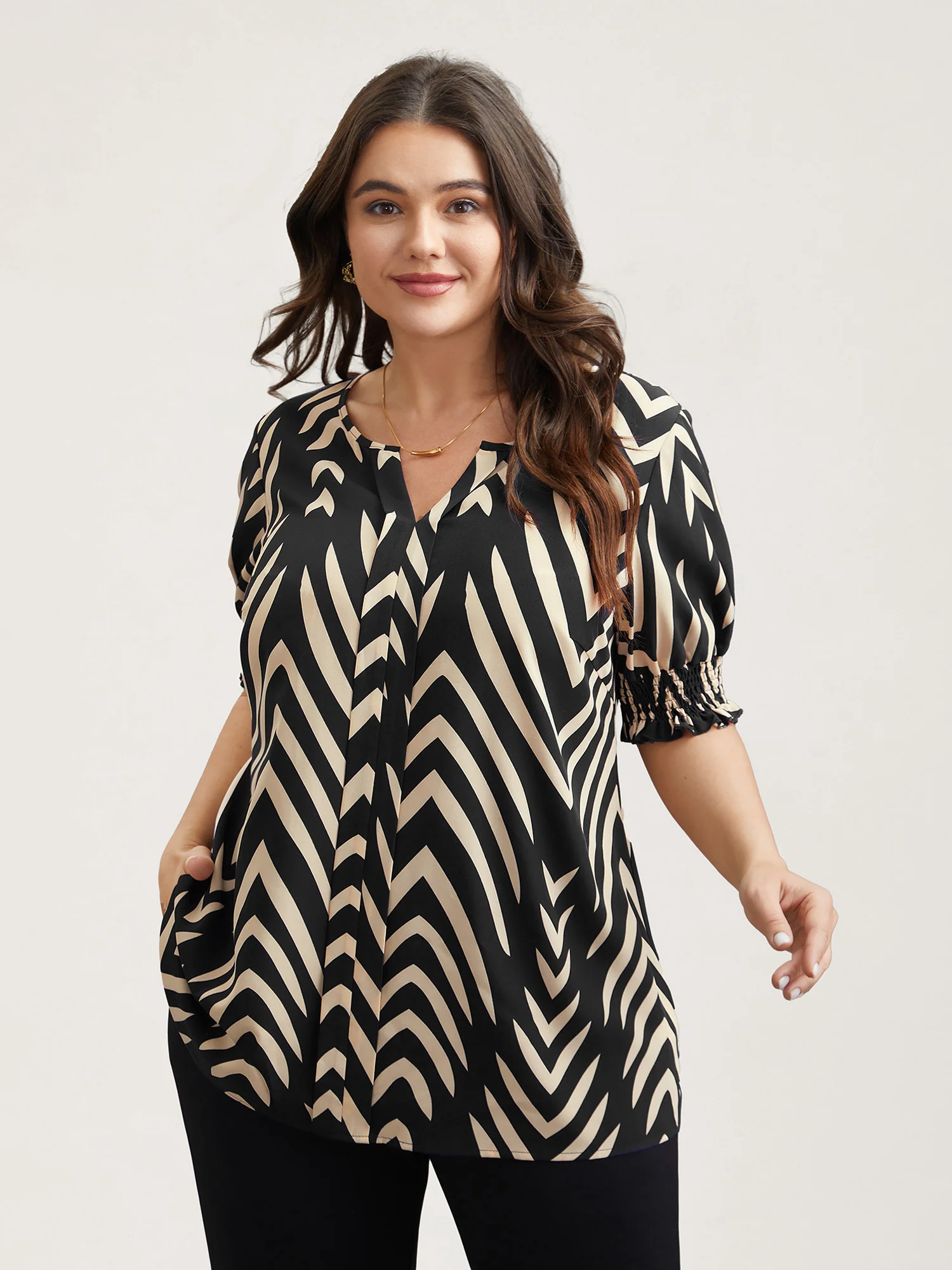 Geometric Print Ruffled Shirred Shirt - Image 9