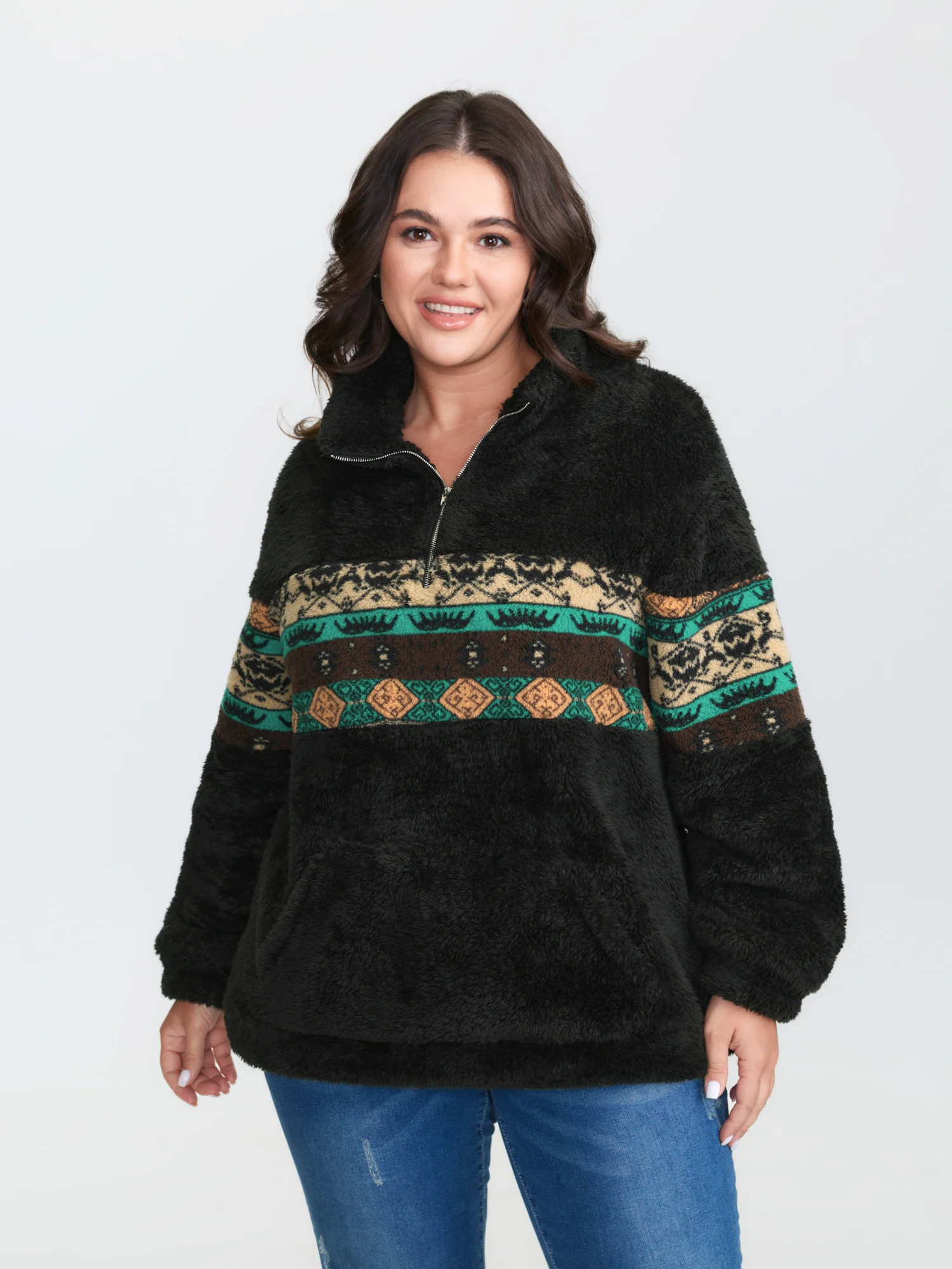 Geometric Print Zipper Collar Sweatshirt - Image 2