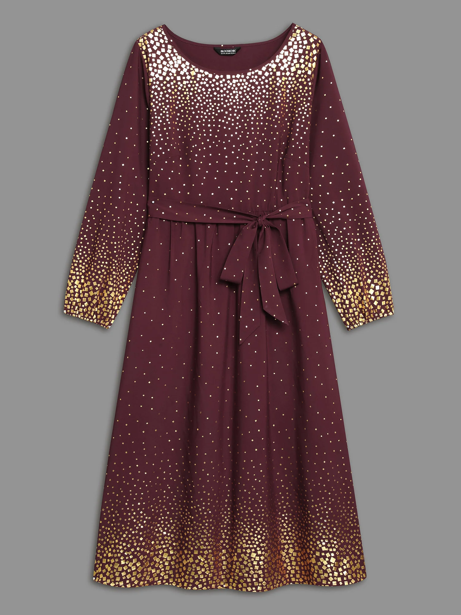 Glitter Round Neck Belted Lantern Sleeve Dress - Image 5