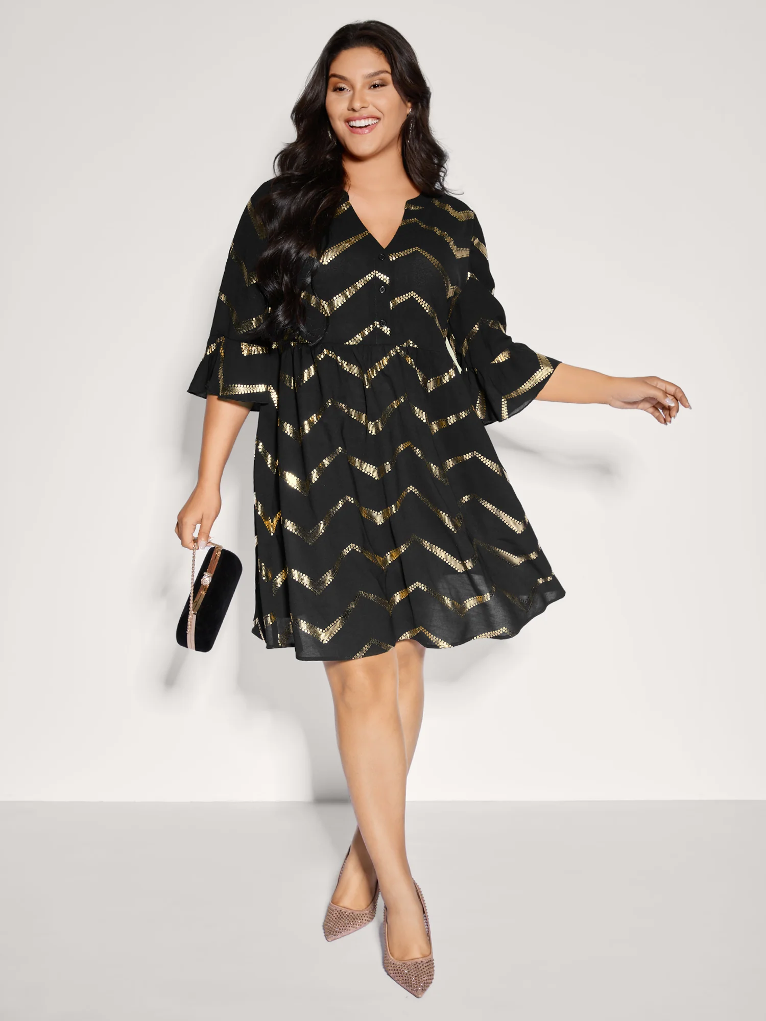 Gold Stamping Wavy Knee-Length Dress - Image 3