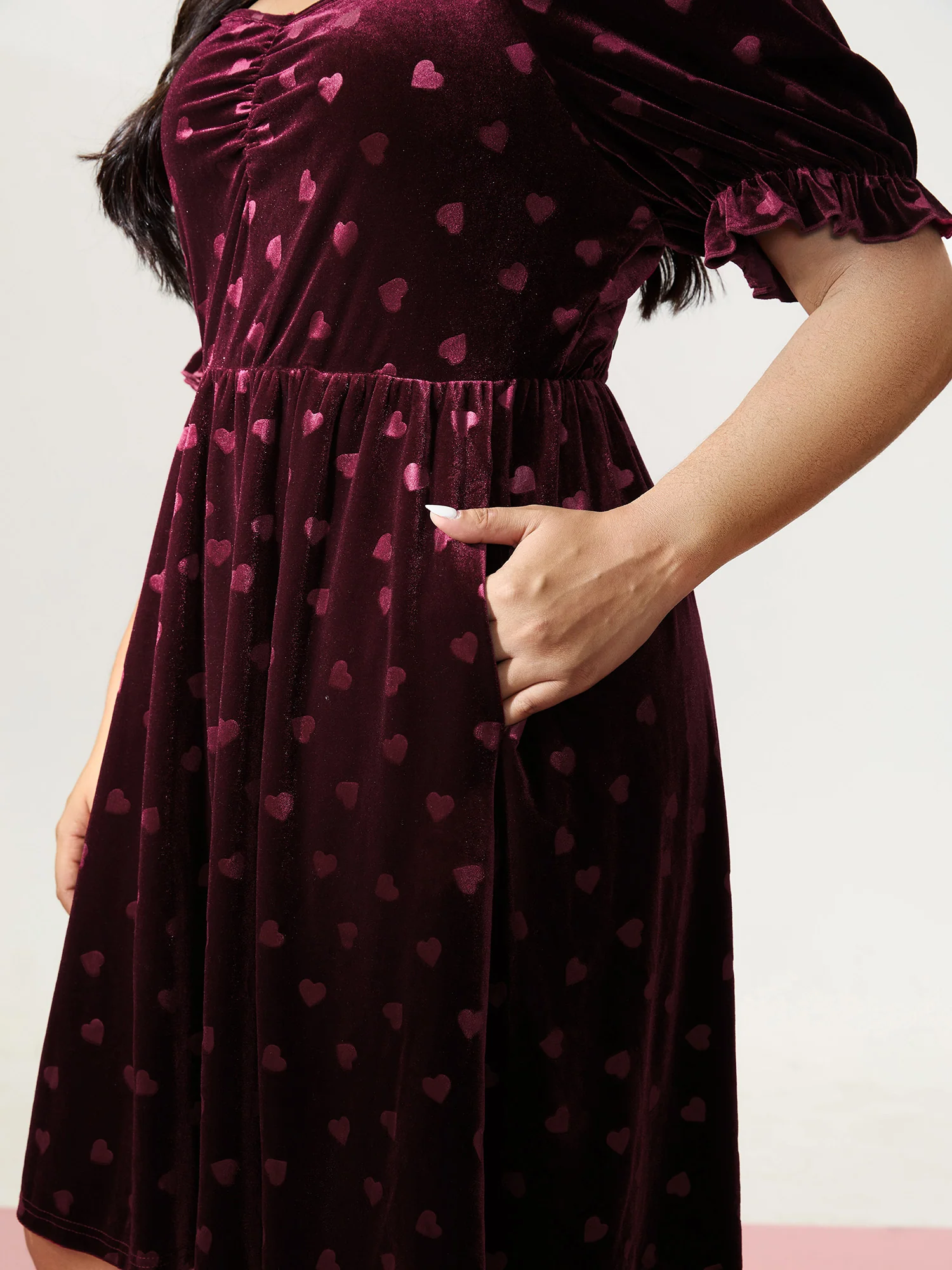 Velvet Heart Print Puff Sleeve Mini Dress - Image 3