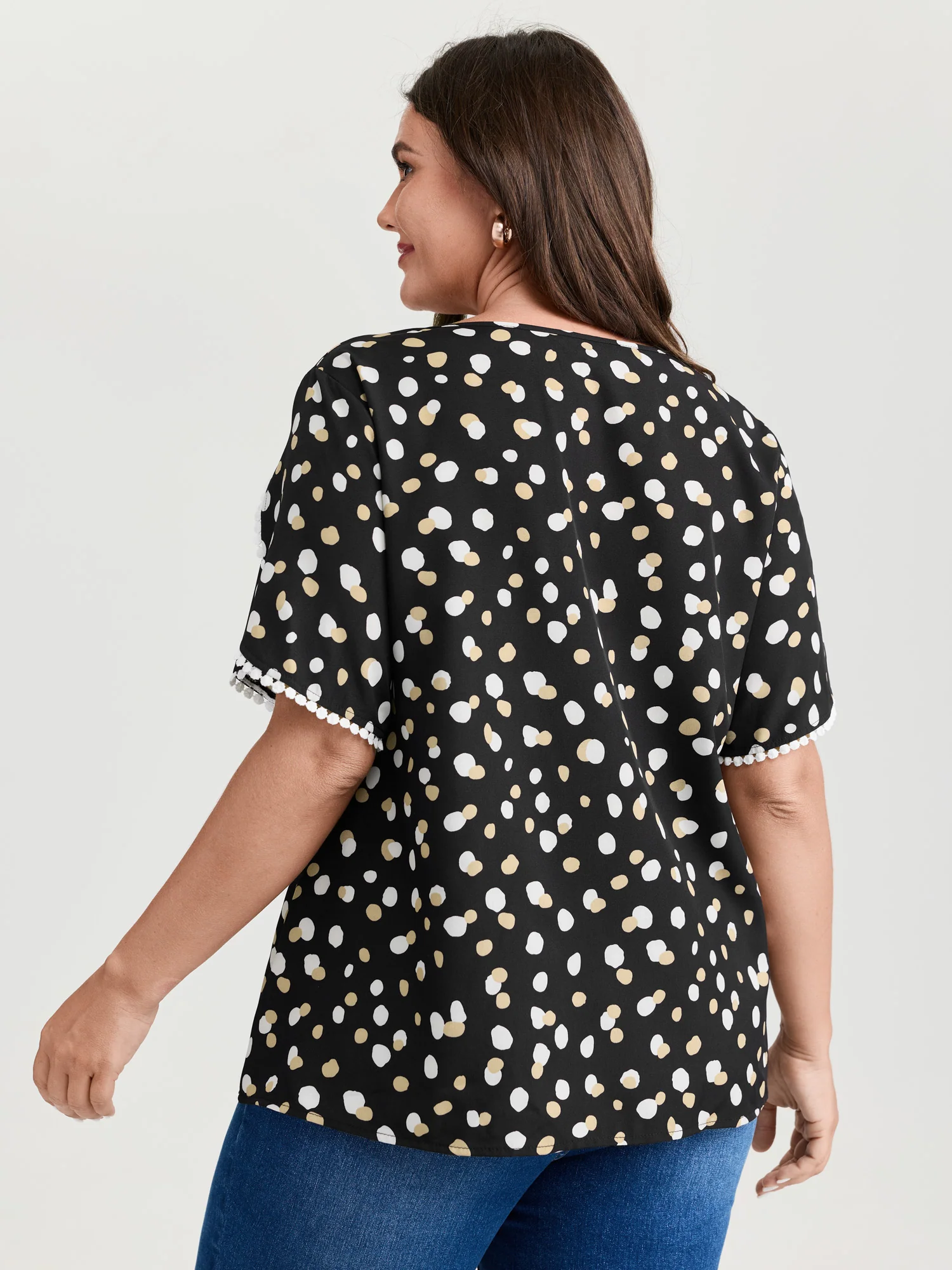 Irregular Polka Dots Print Lace Trim Blouse - Image 4