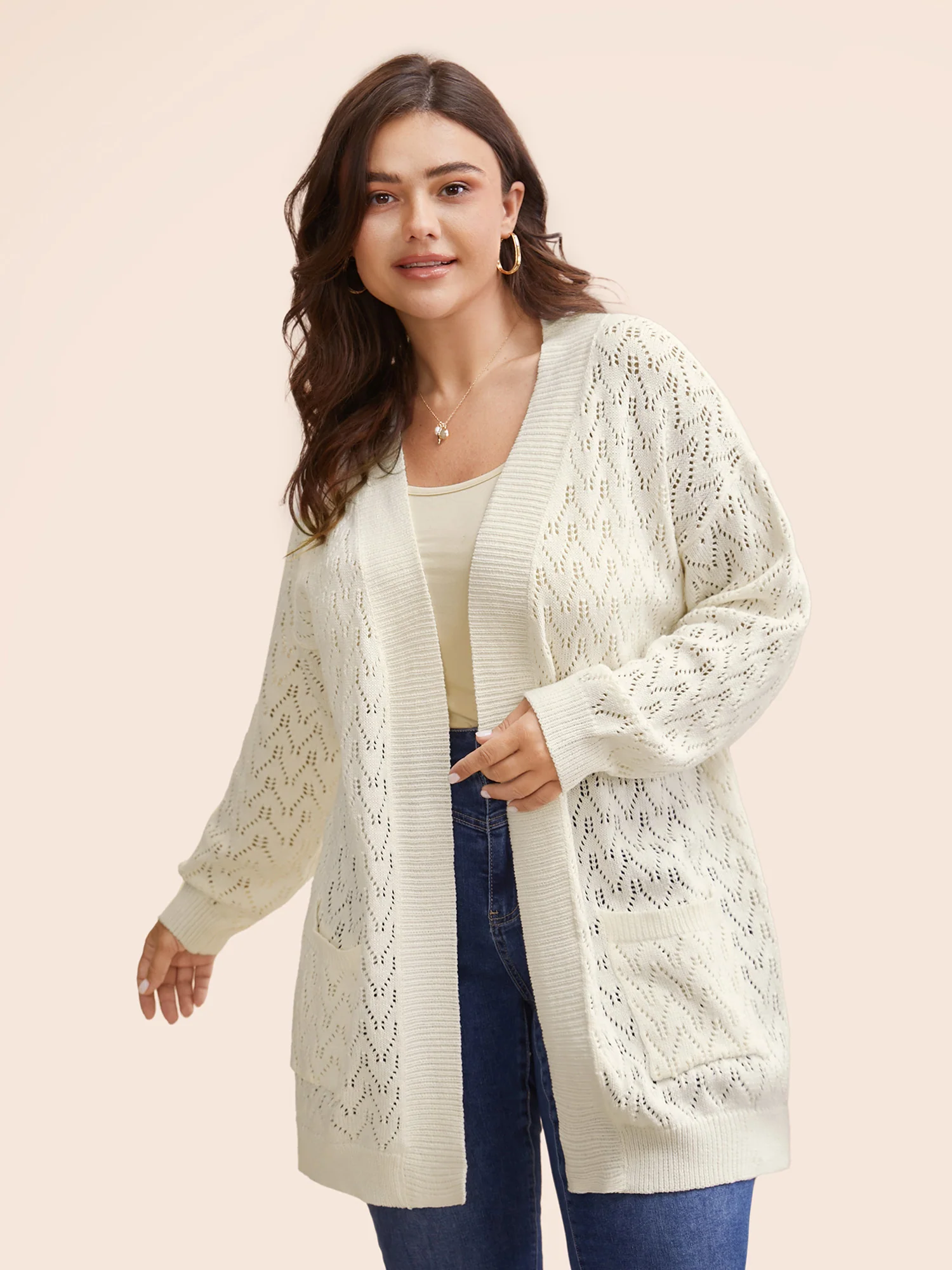 Kimono Collar Patch Pocket Pointelle Knit Cardigan - Image 4
