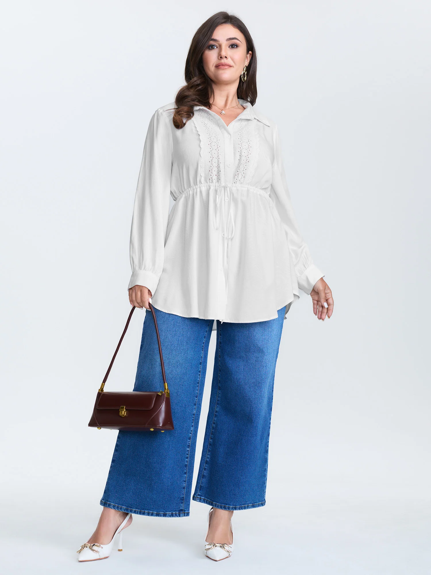 Lace Cut-Out Drawstring Waist Blouse - Image 3
