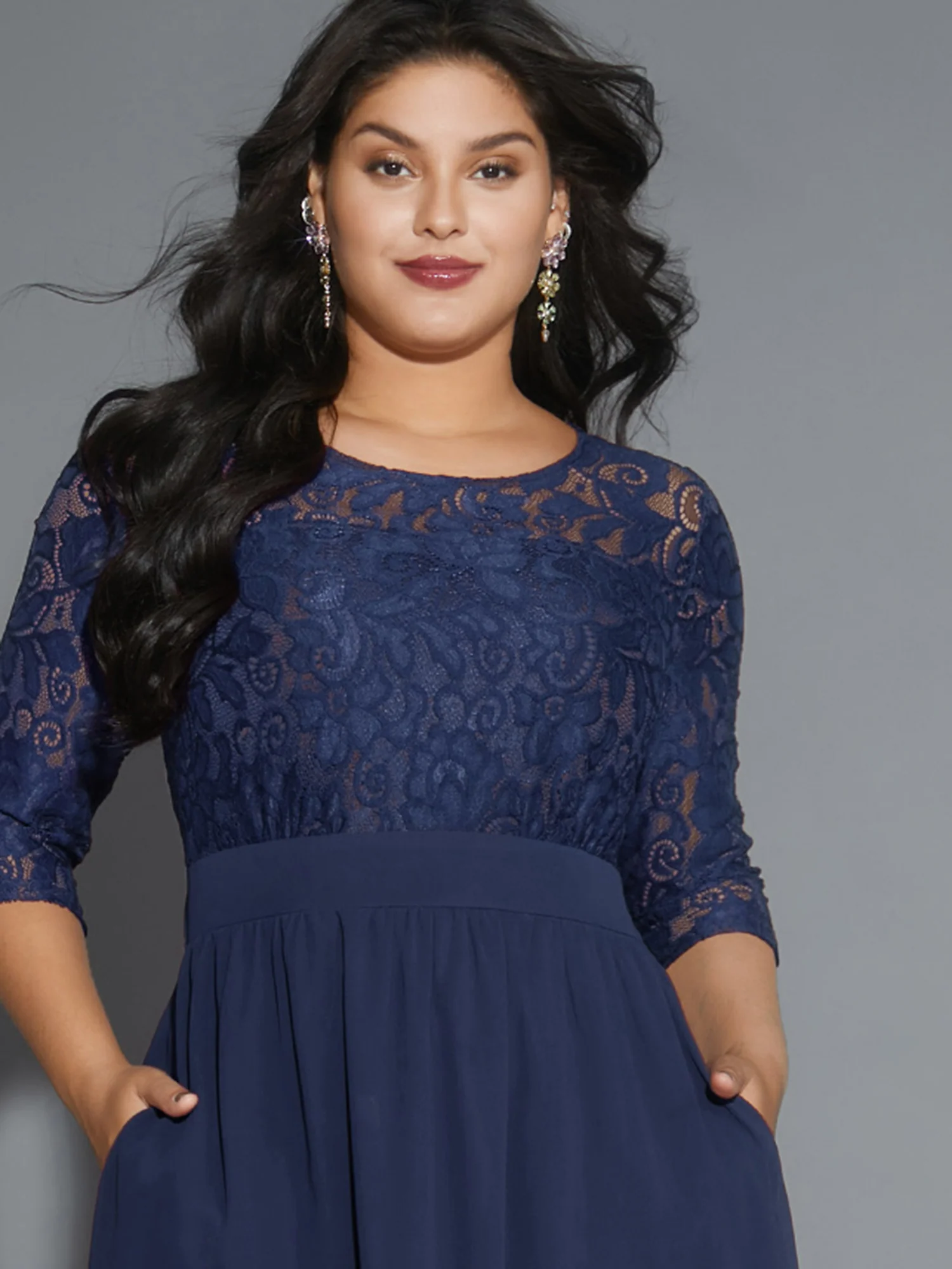 Lace Patchwork Shirred Midi Pocket Dress - Image 4