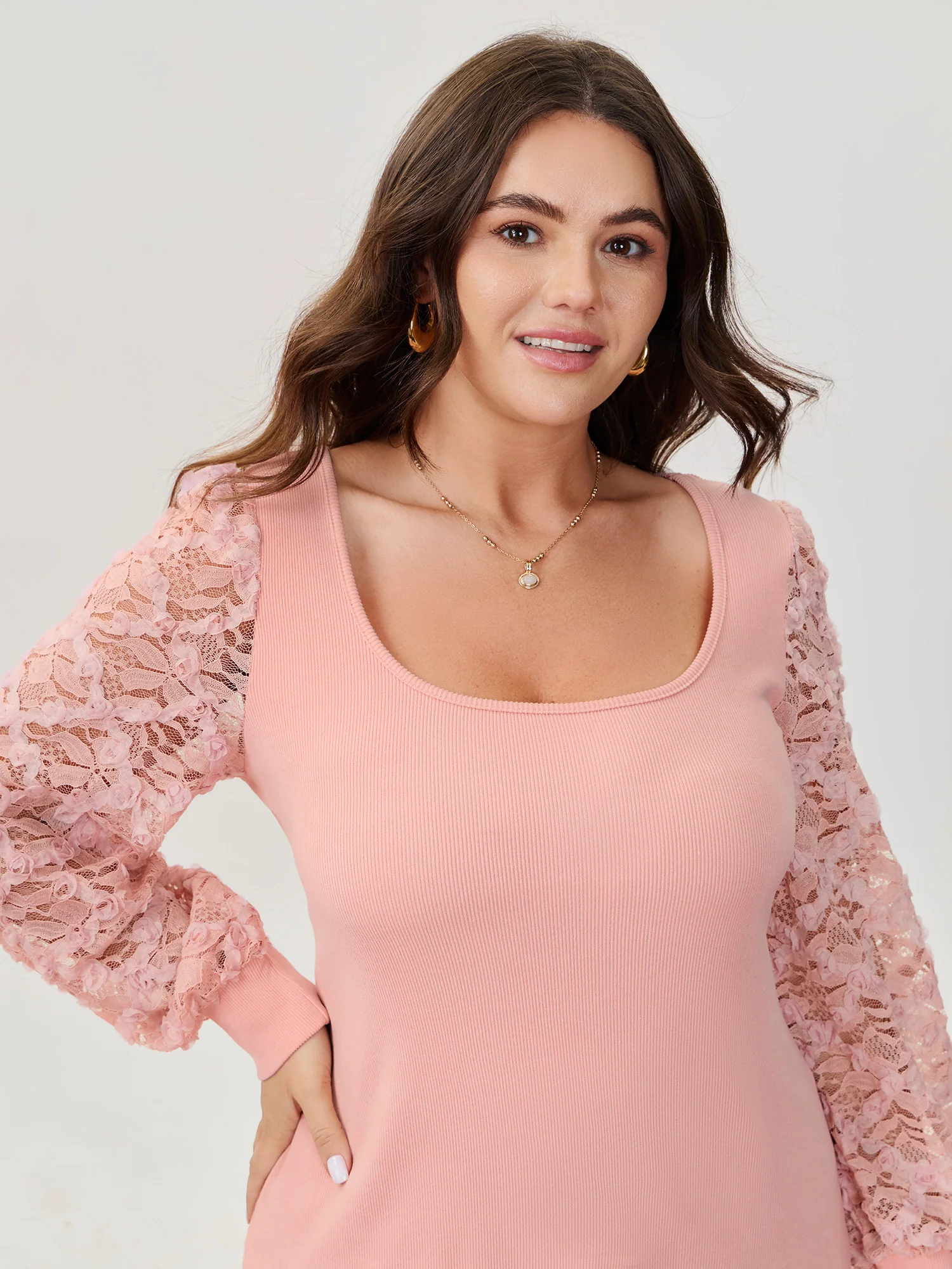 Lace Sleeve 3D Floral Knit Top - Image 3