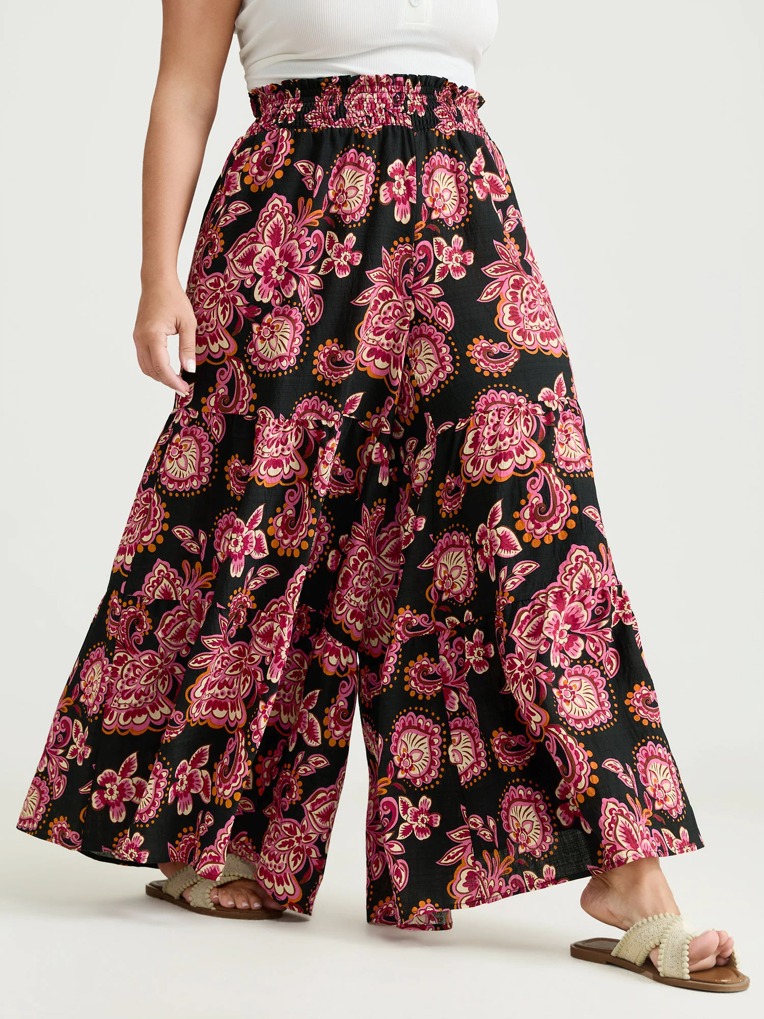 Large Floral Print Wide Shirred Waistband Pants - Image 2