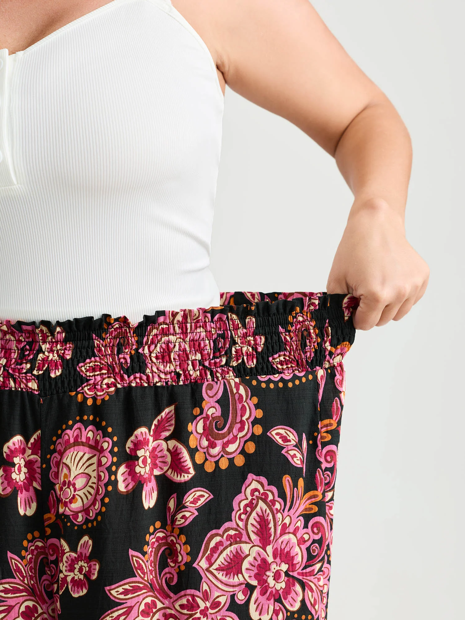 Large Floral Print Wide Shirred Waistband Pants - Image 3