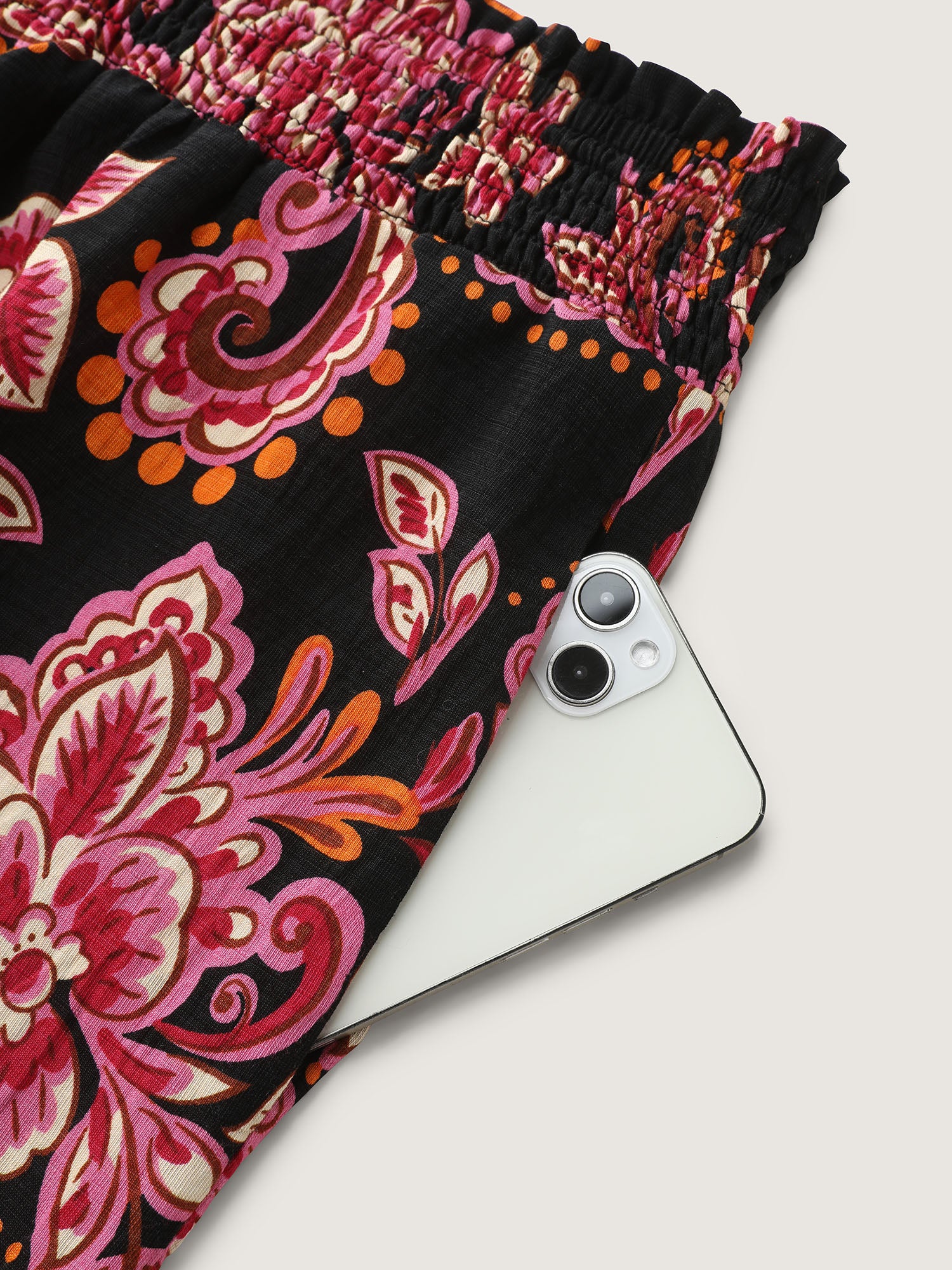 Large Floral Print Wide Shirred Waistband Pants - Image 7
