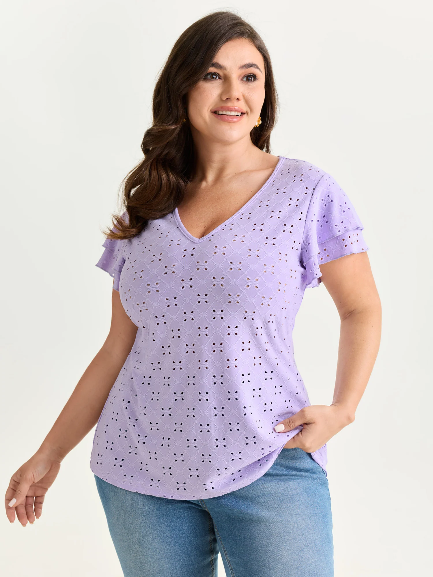 Layered Ruffled Sleeve V-Neck Knit Top - Image 2